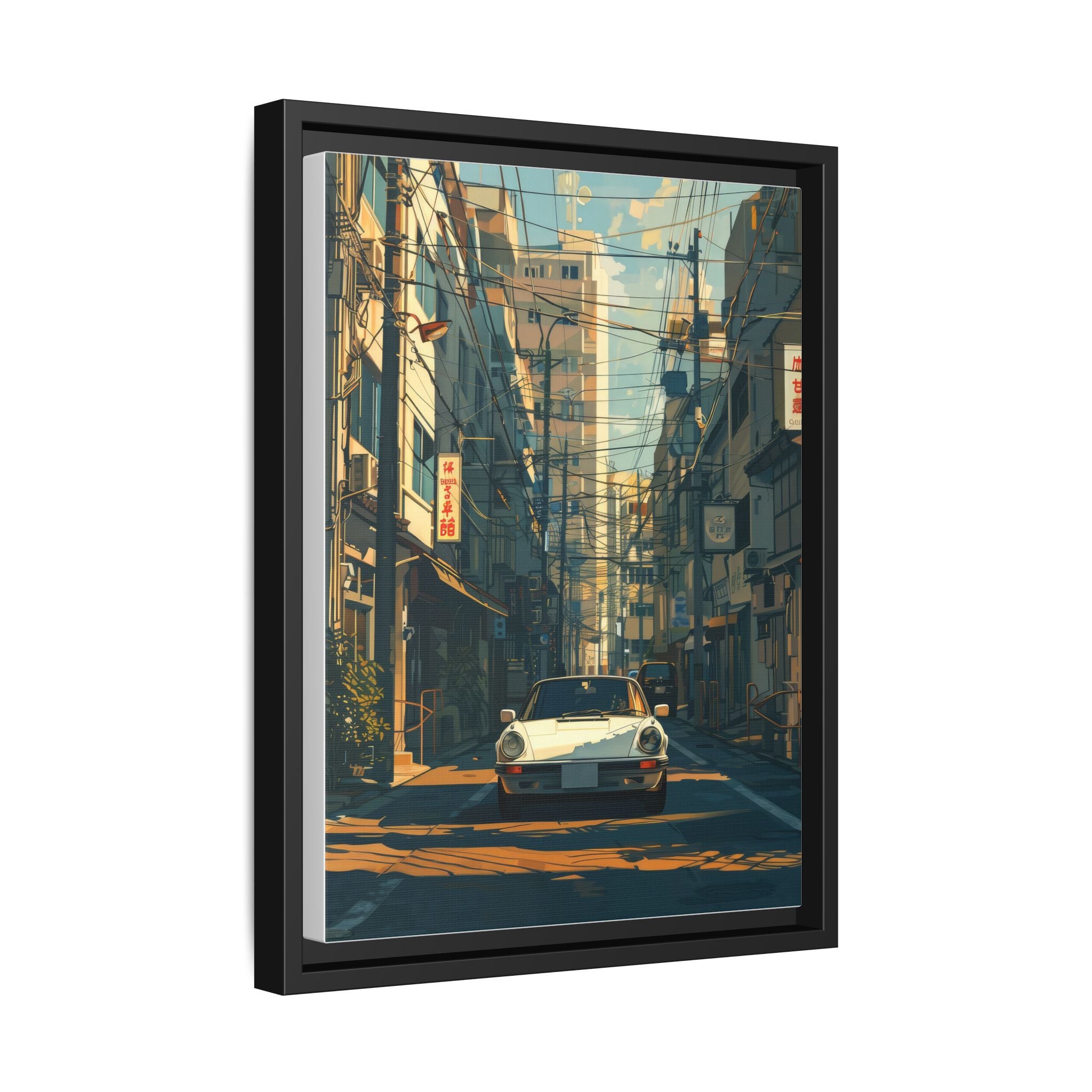 Vintage Sports Car Cityscape Framed Canvas Print