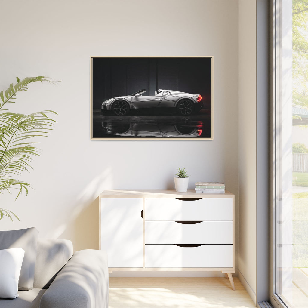 Framed Matte Canvas: Sleek Sports Car Reflection Wall Art