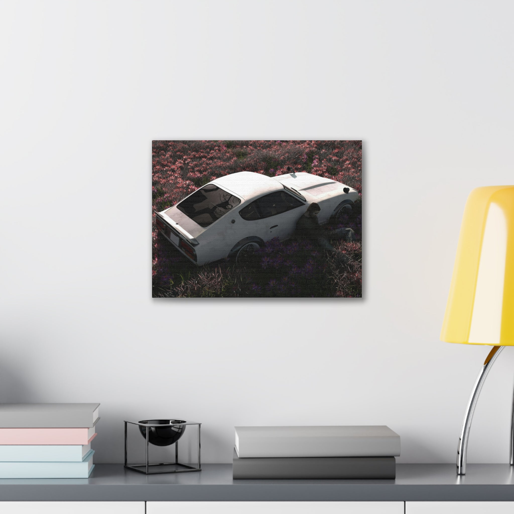 Vintage White Datsun in Wildflower Field Canvas
