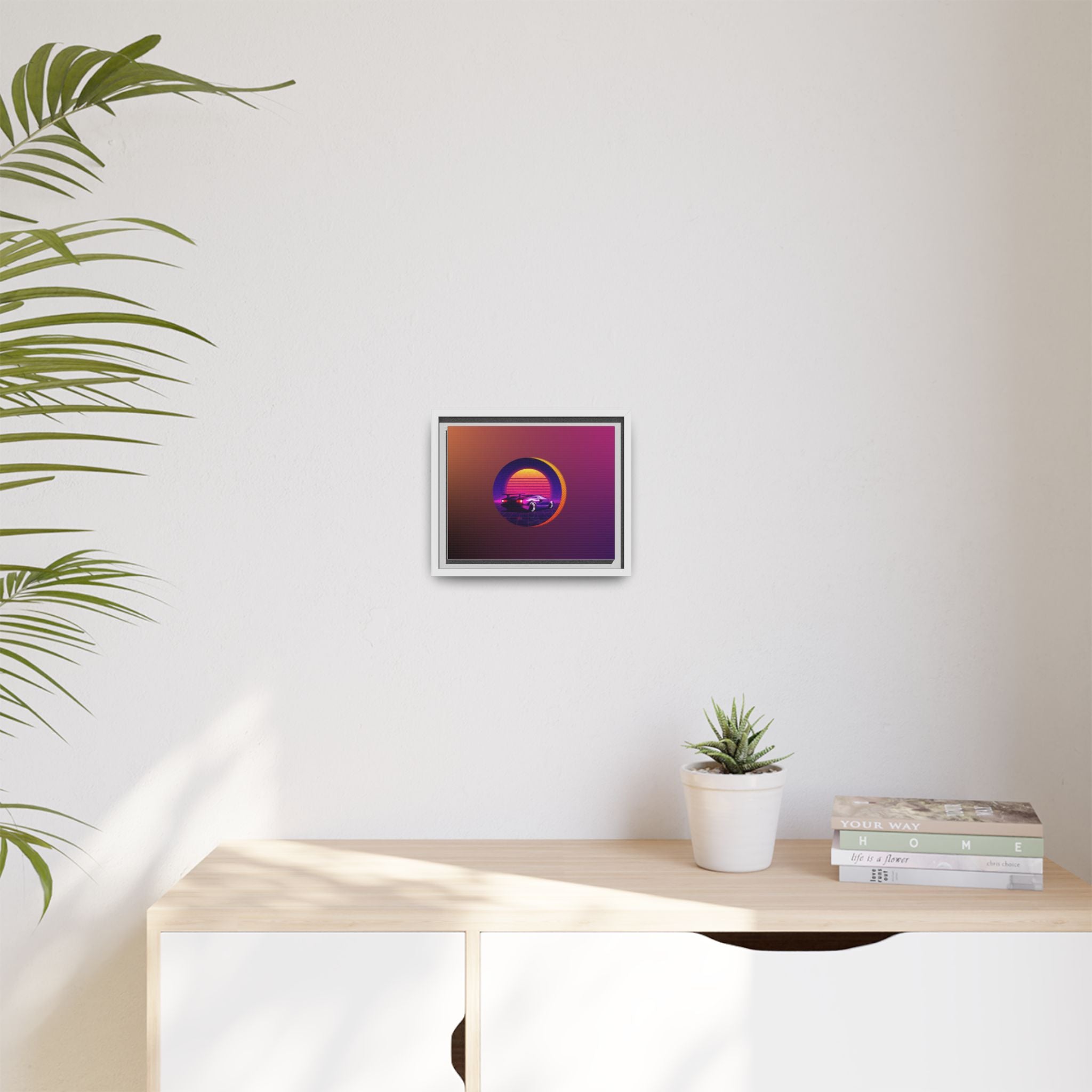 Retro Sunset Sports Car Matte Canvas Framed Wall Art