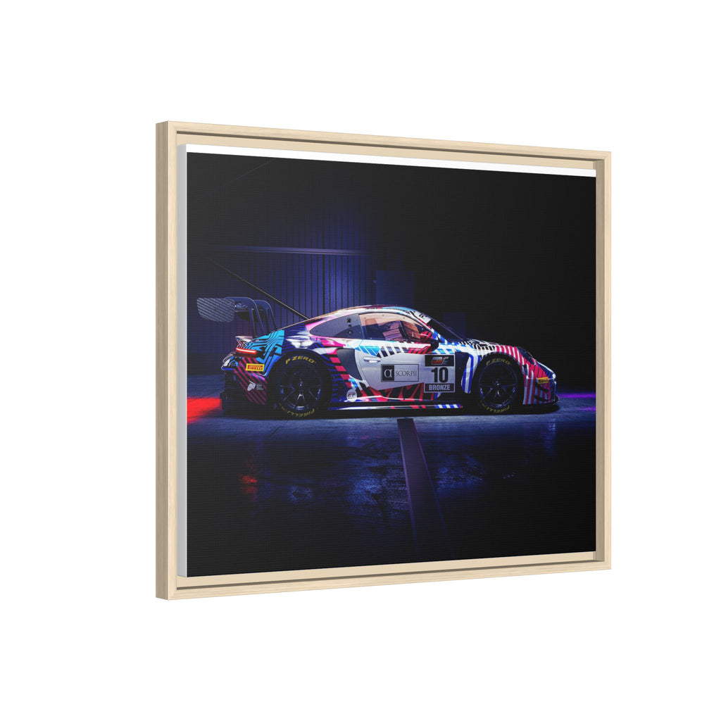 Framed Matte Canvas Print — Neon Racecar Wall Art