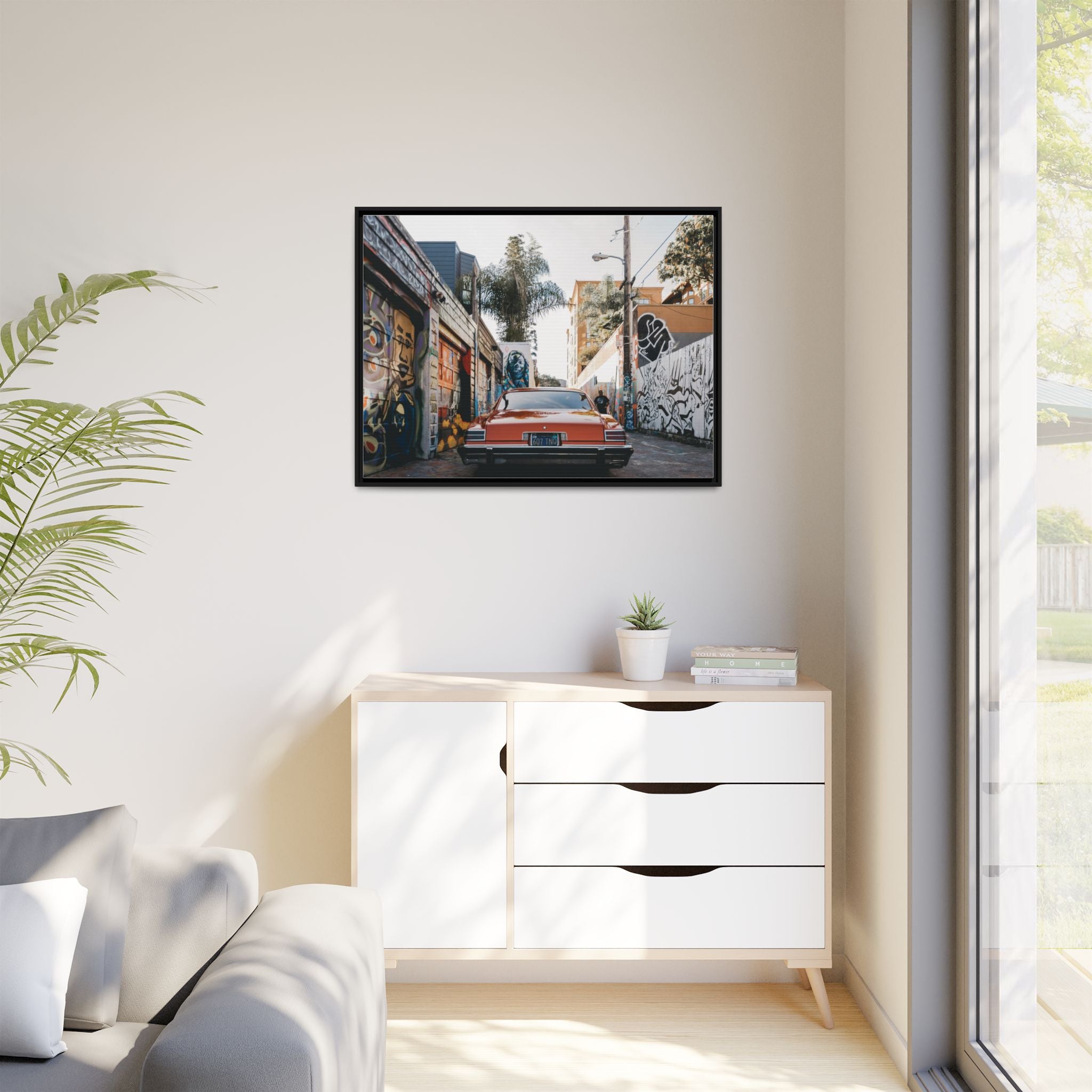 Vintage Chevrolet in Graffiti Alley — Framed Matte Canvas Wall Art