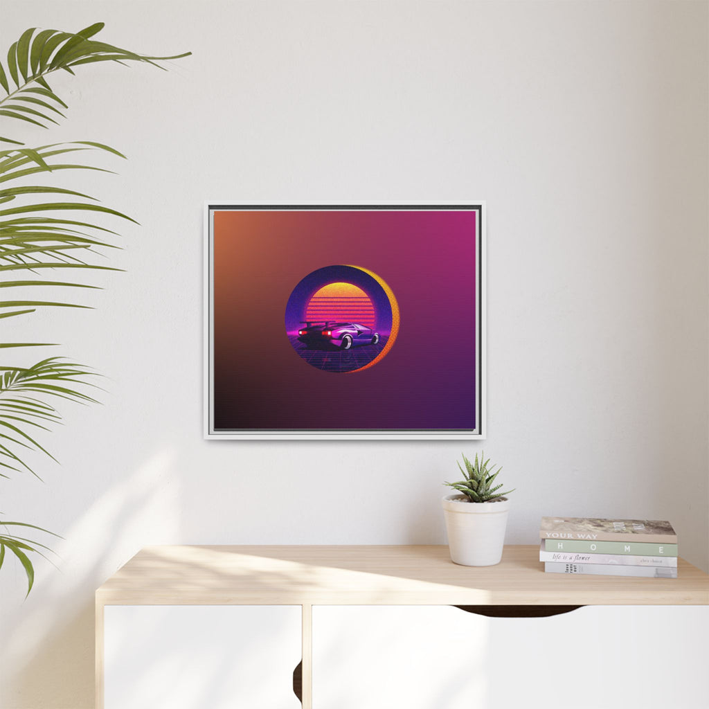 Retro Sunset Sports Car Matte Canvas Framed Wall Art