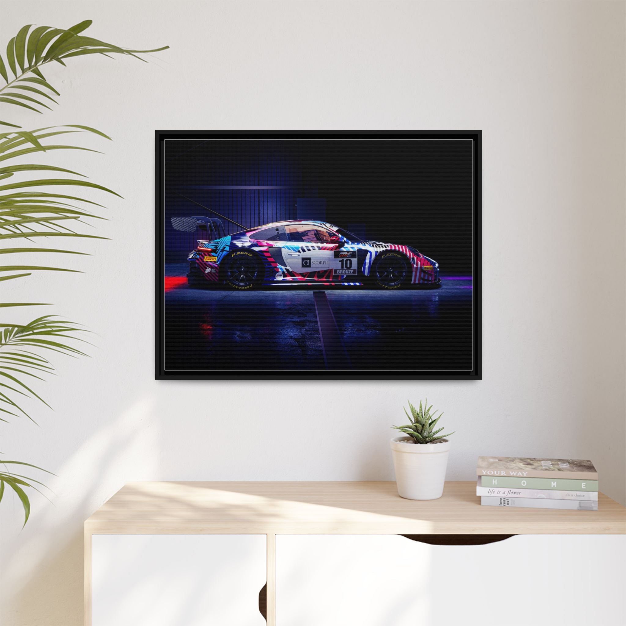 Framed Matte Canvas Print — Neon Racecar Wall Art