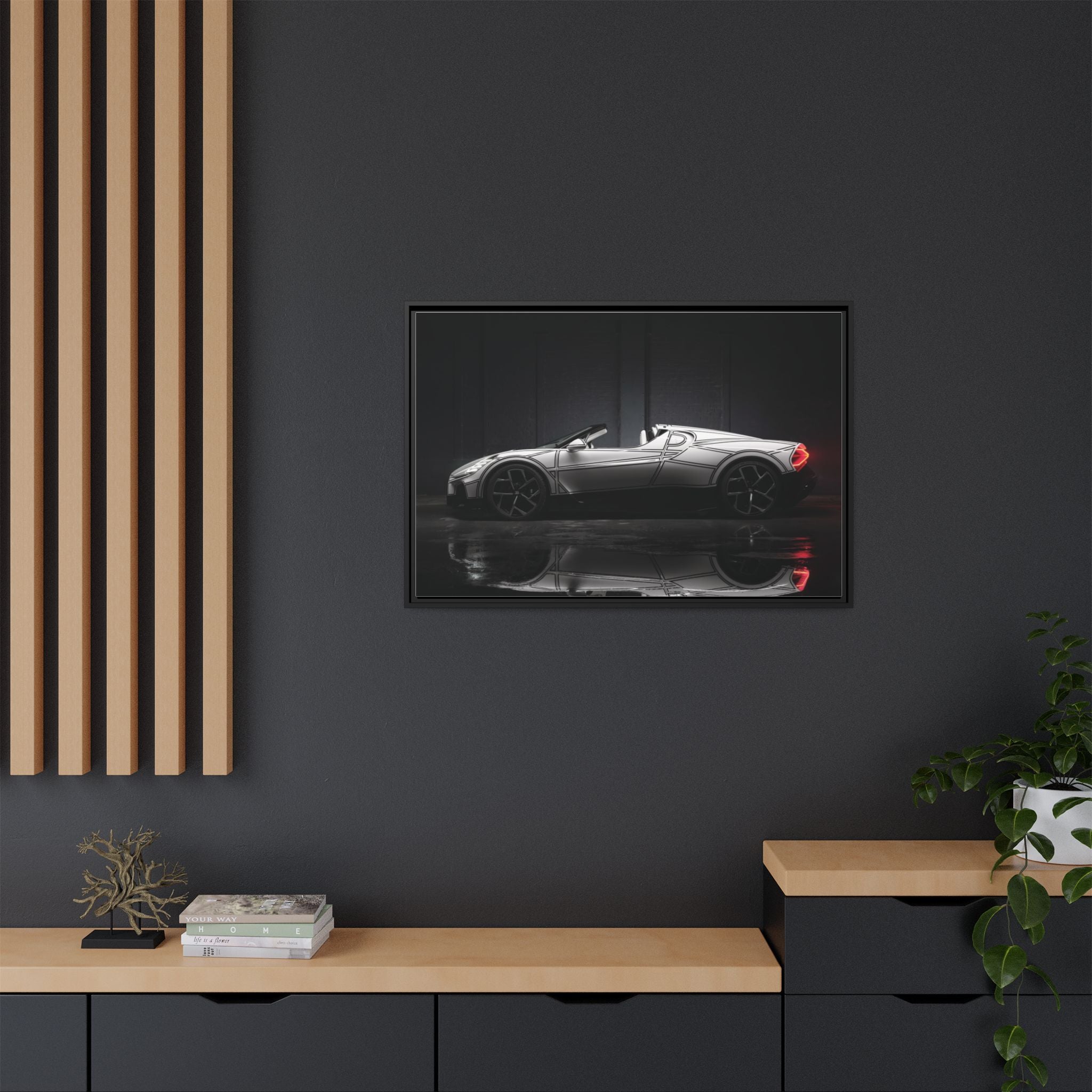 Framed Matte Canvas: Sleek Sports Car Reflection Wall Art
