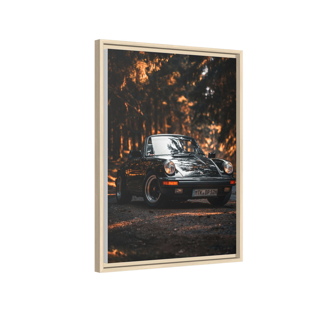 Framed Matte Canvas Print — Vintage Black Porsche in Autumn Forest