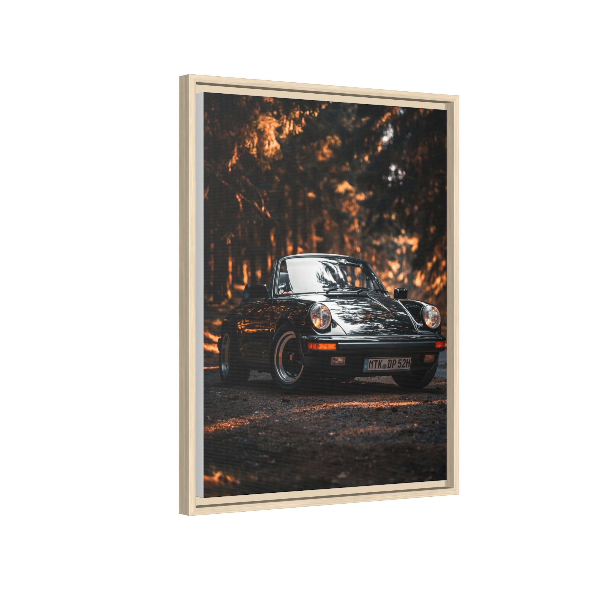 Framed Matte Canvas Print — Vintage Black Porsche in Autumn Forest