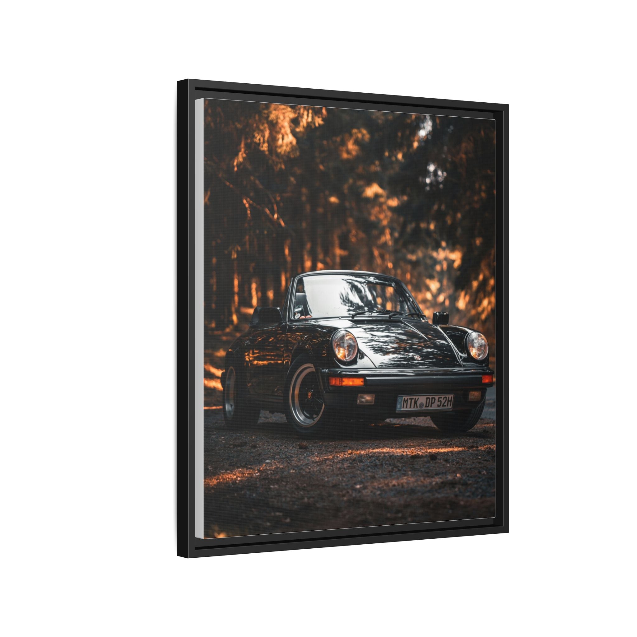 Framed Matte Canvas Print — Vintage Black Porsche in Autumn Forest