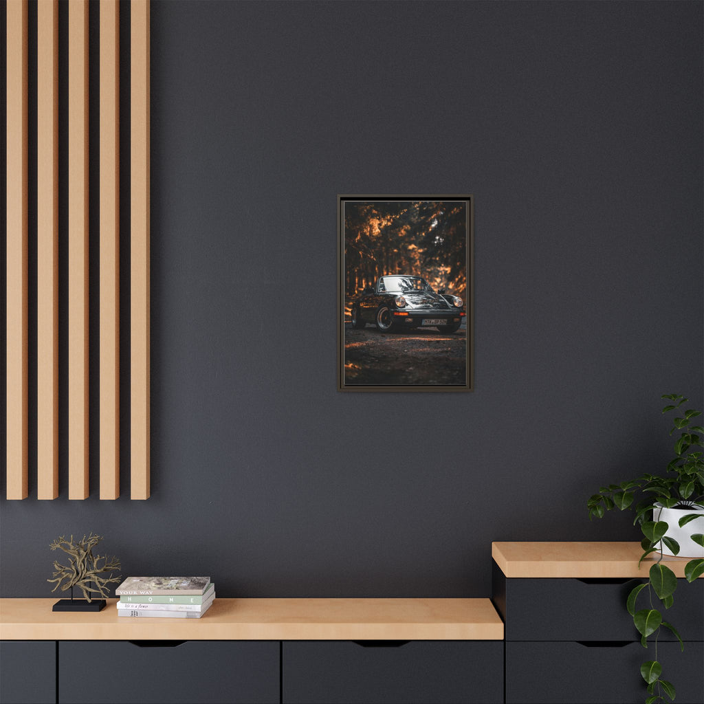 Framed Matte Canvas Print — Vintage Black Porsche in Autumn Forest
