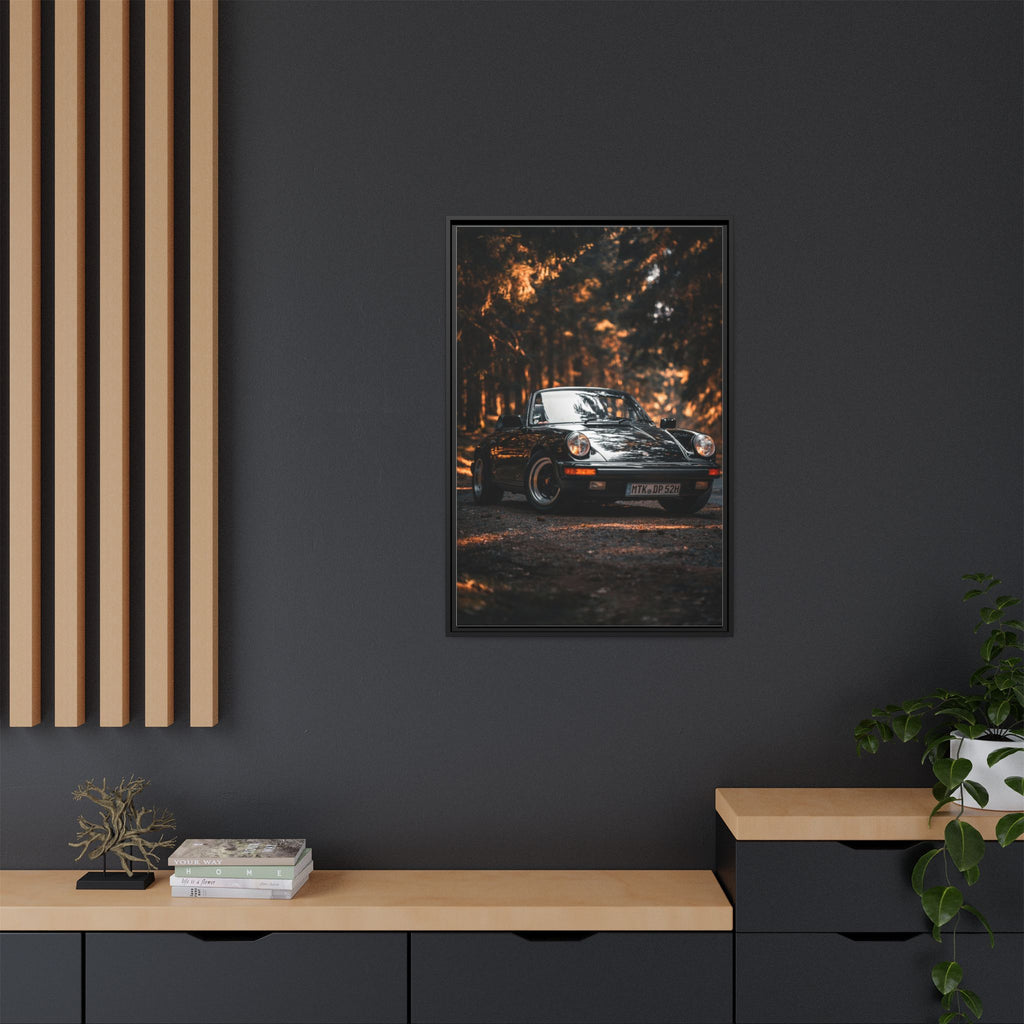 Framed Matte Canvas Print — Vintage Black Porsche in Autumn Forest
