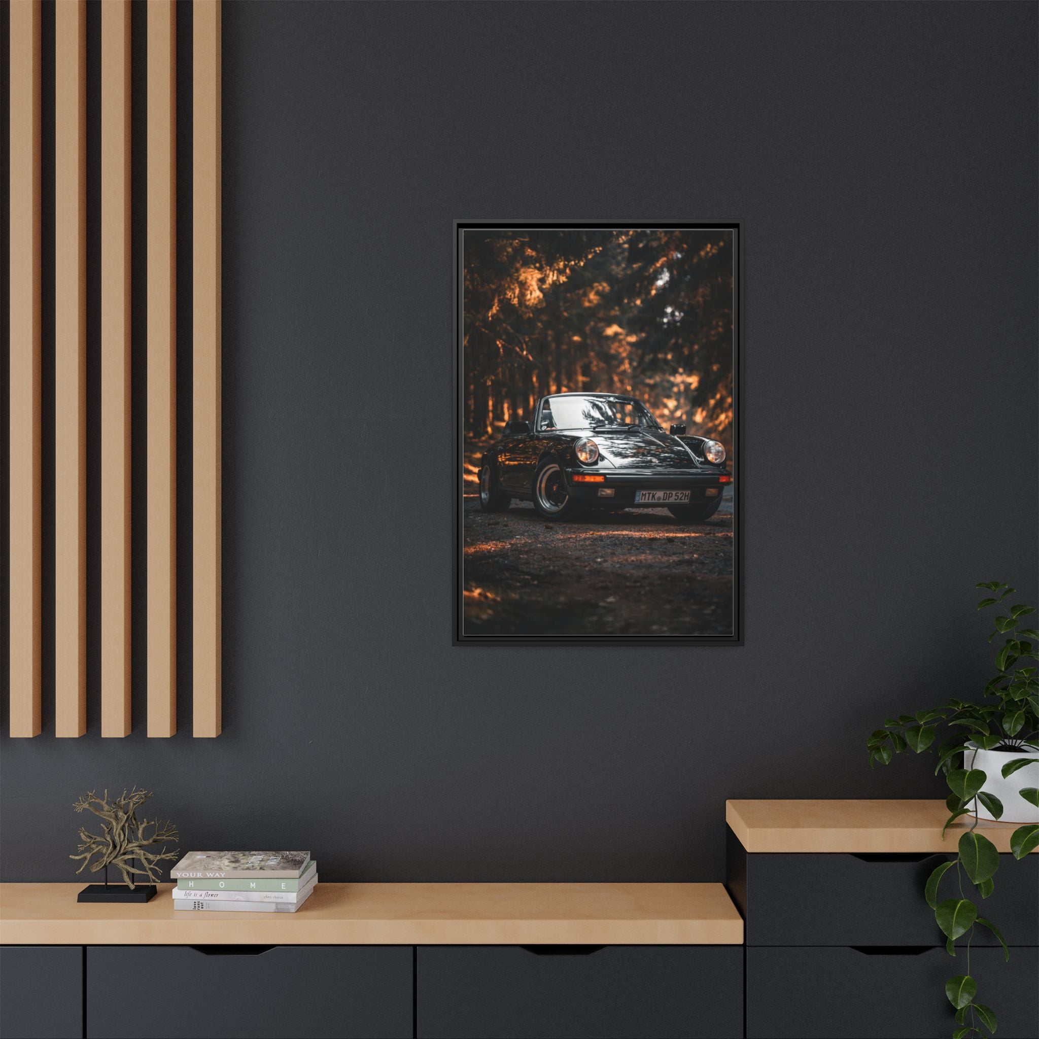 Framed Matte Canvas Print — Vintage Black Porsche in Autumn Forest