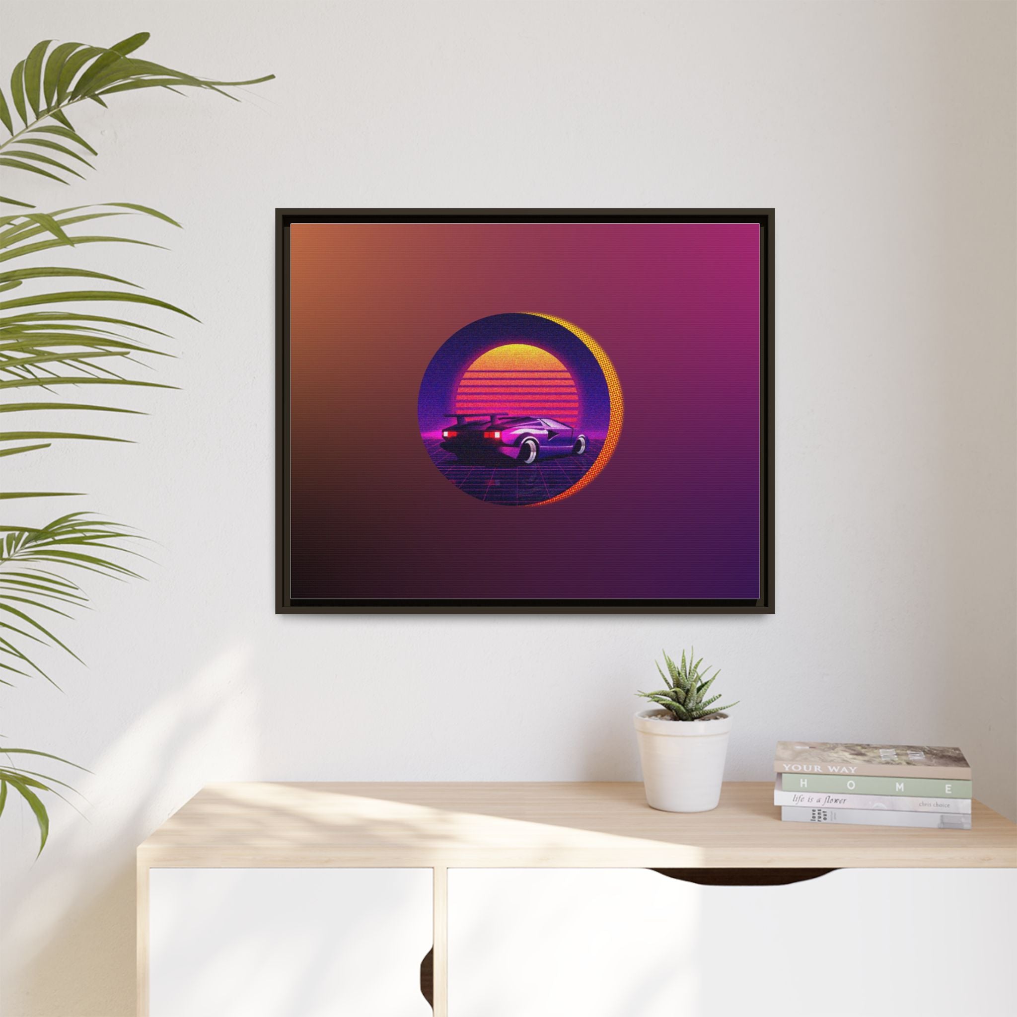 Retro Sunset Sports Car Matte Canvas Framed Wall Art