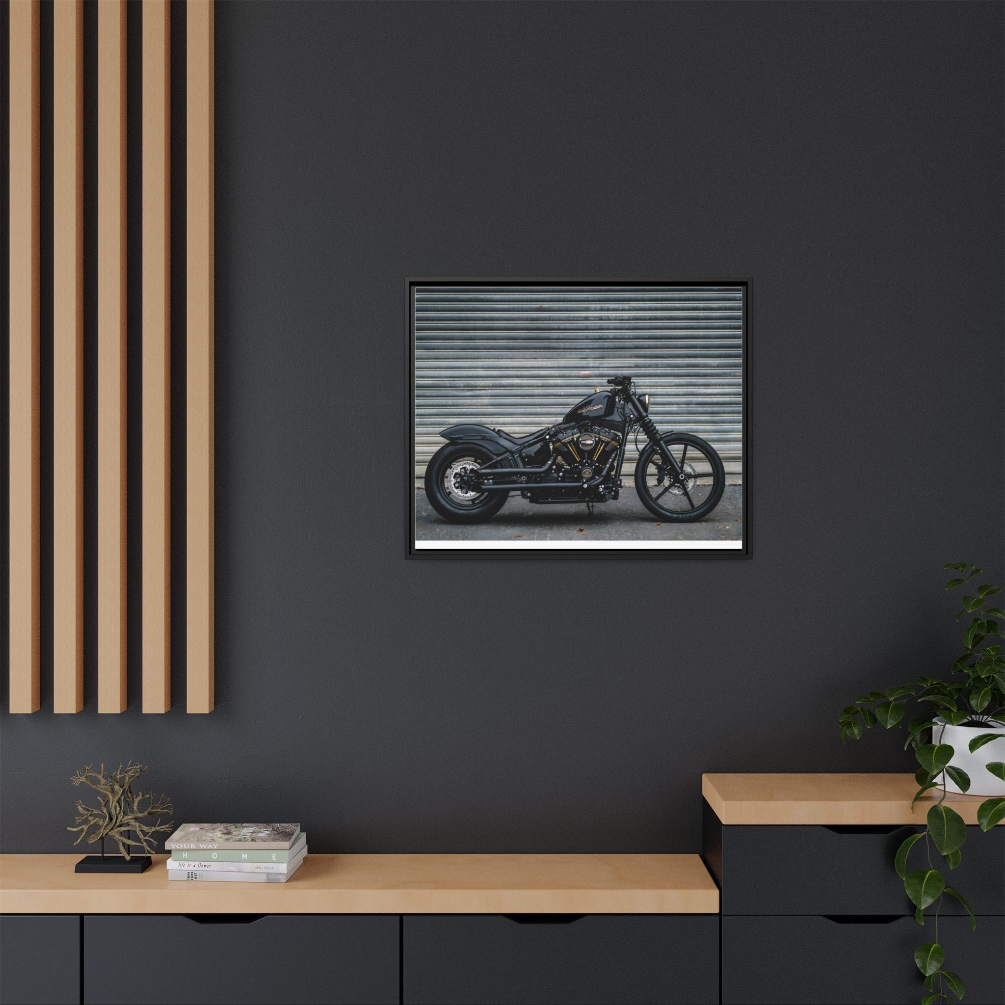 Framed Matte Canvas Motorcycle Print — Black Bobber Wall Art