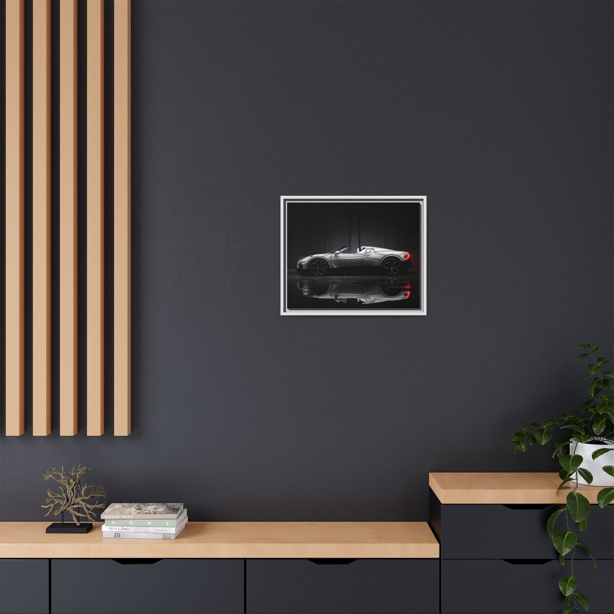 Framed Matte Canvas: Sleek Sports Car Reflection Wall Art