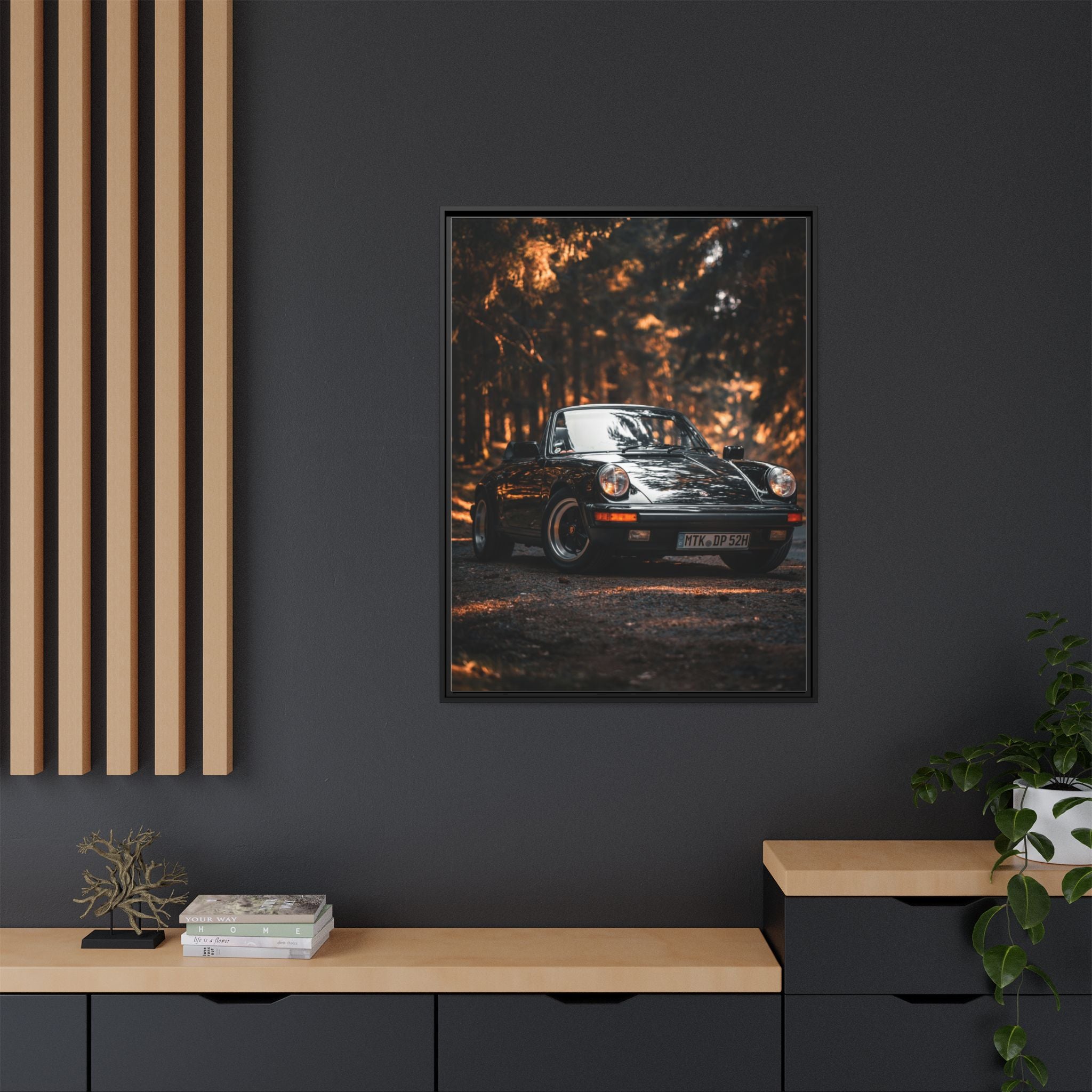 Framed Matte Canvas Print — Vintage Black Porsche in Autumn Forest