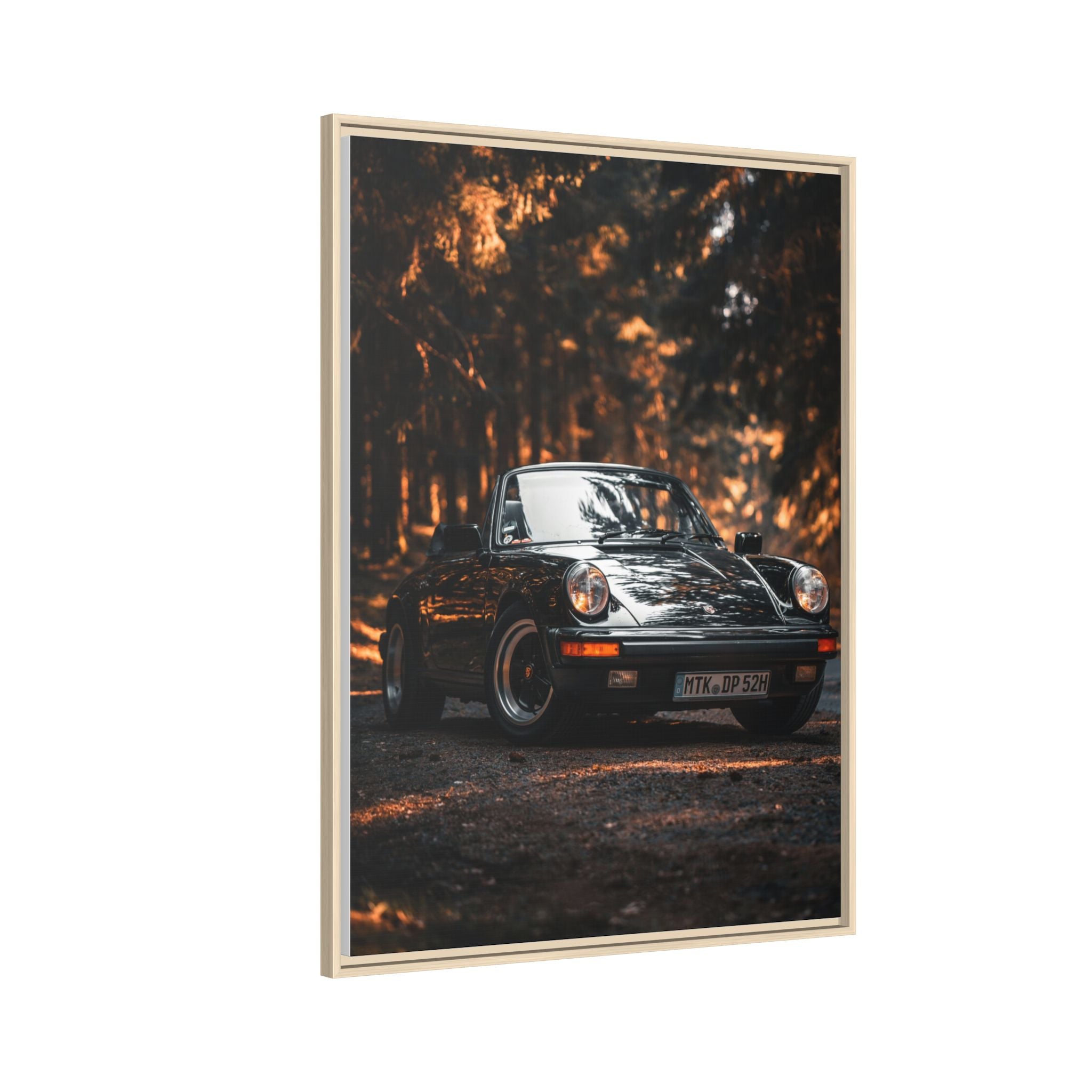 Framed Matte Canvas Print — Vintage Black Porsche in Autumn Forest