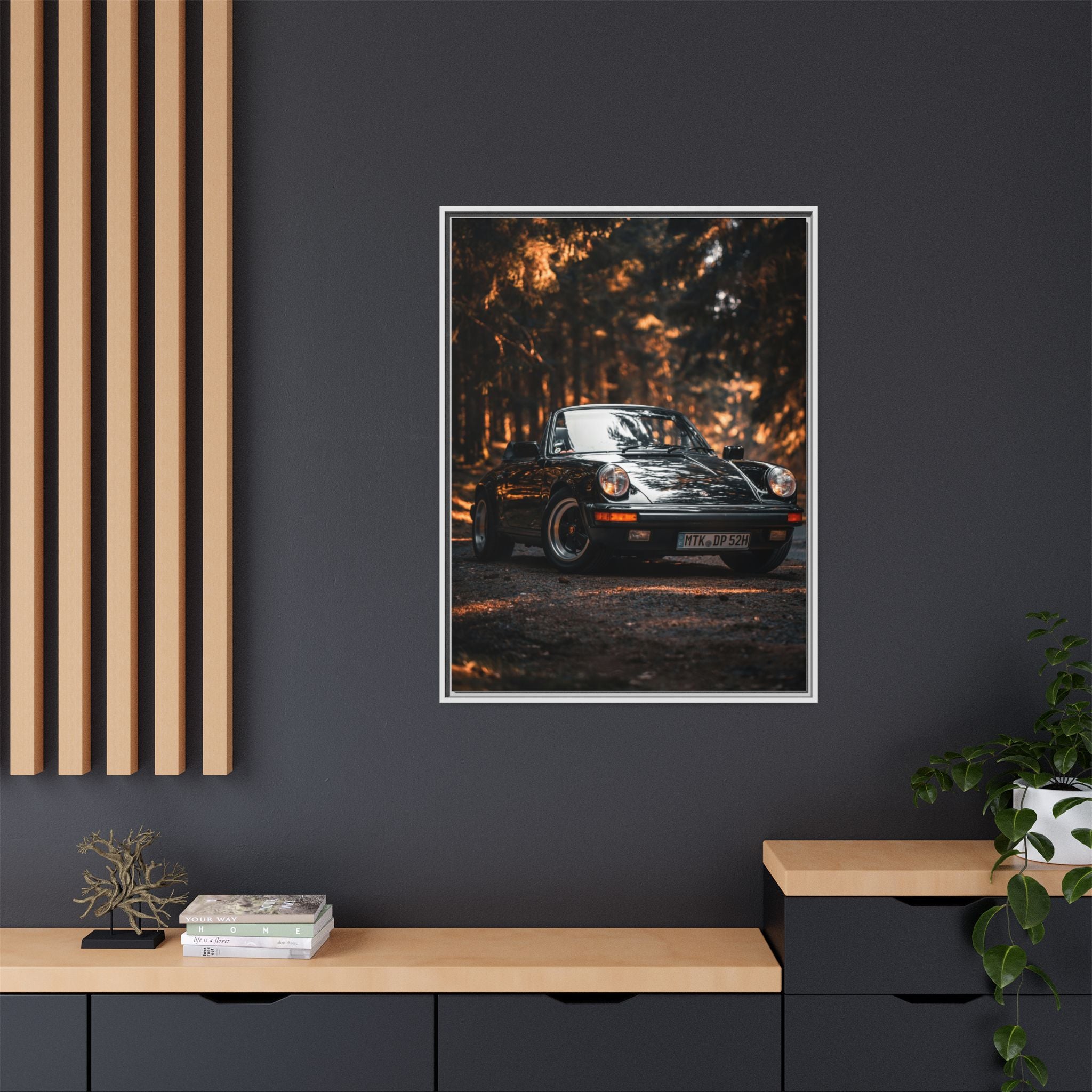 Framed Matte Canvas Print — Vintage Black Porsche in Autumn Forest