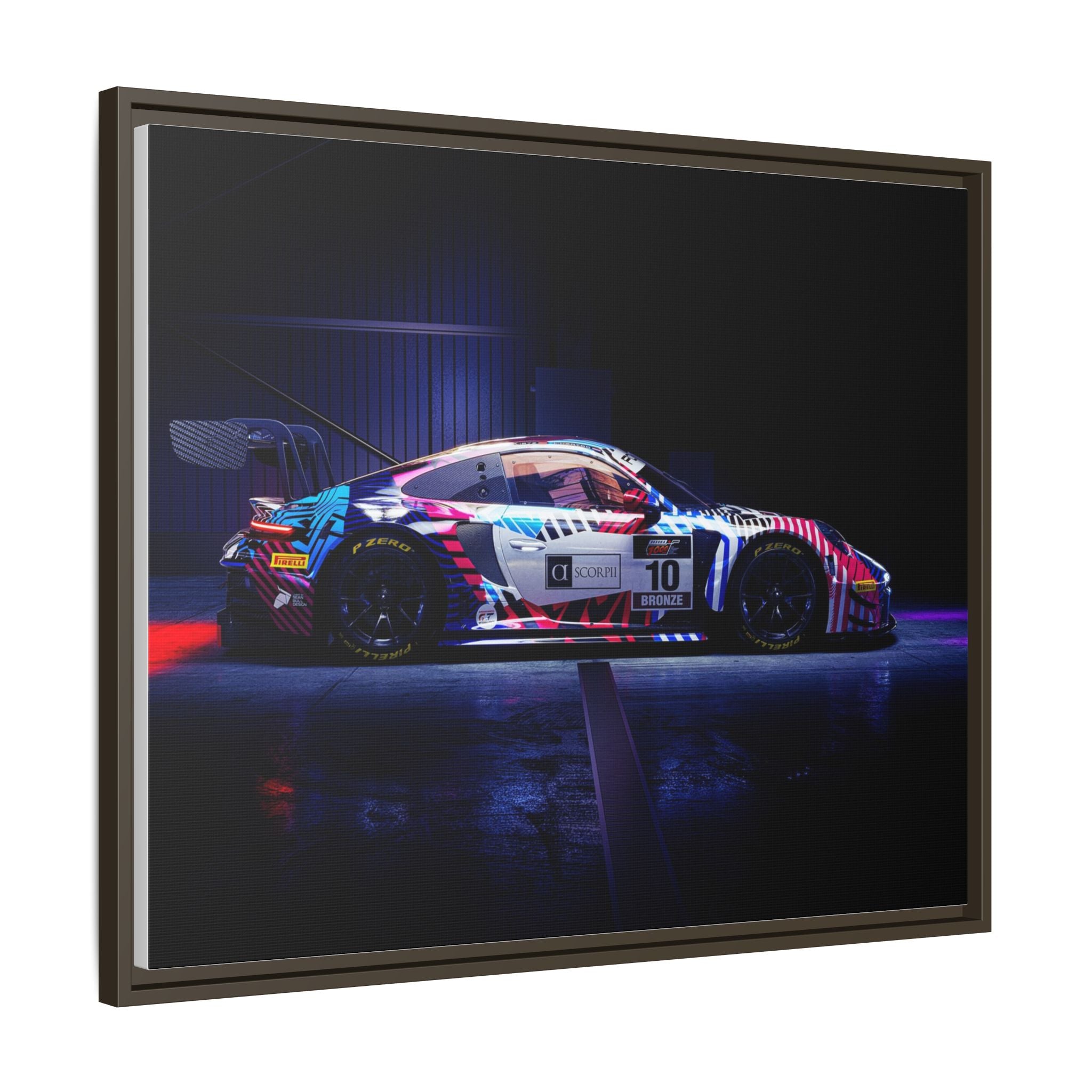 Framed Matte Canvas Print — Neon Racecar Wall Art