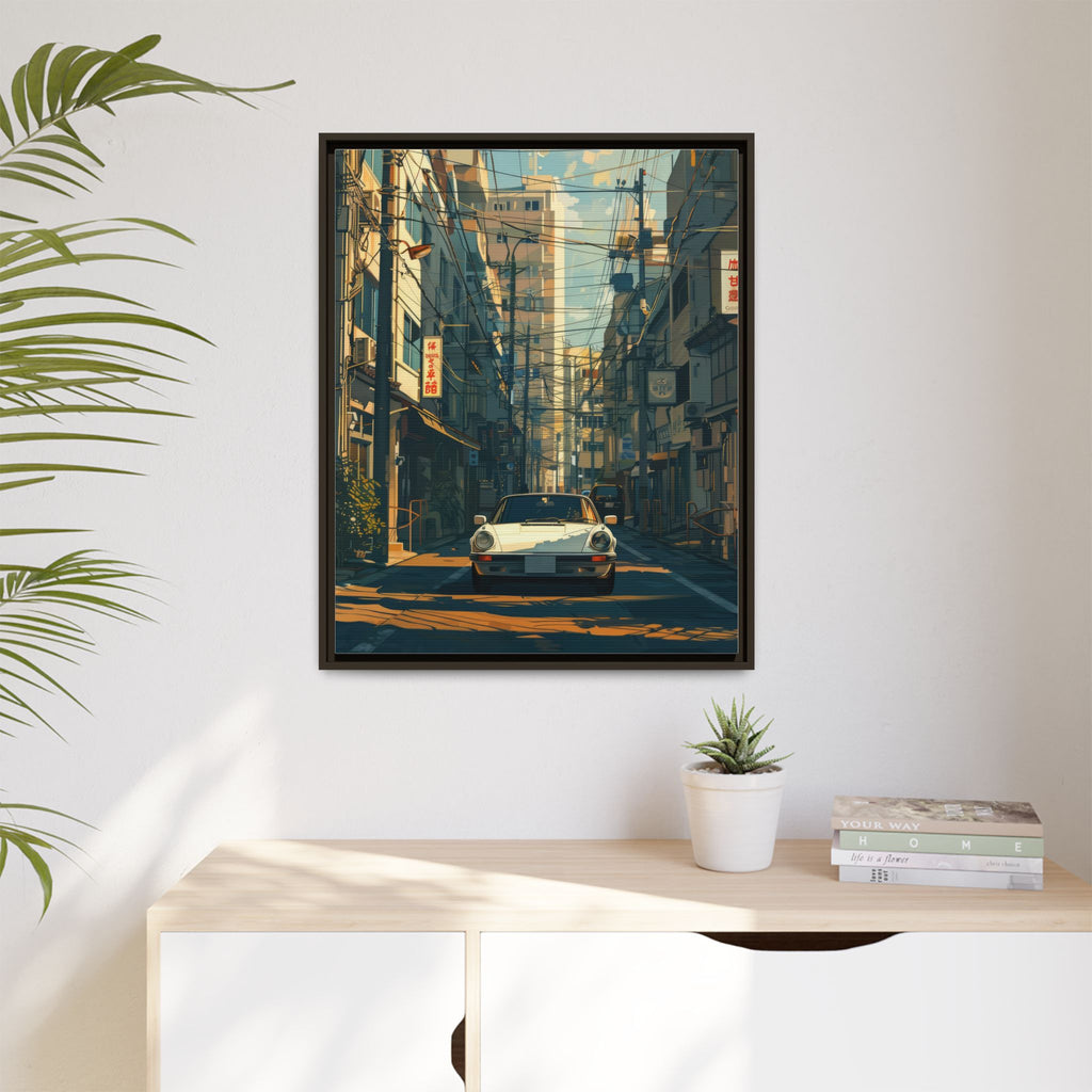 Vintage Sports Car Cityscape Framed Canvas Print