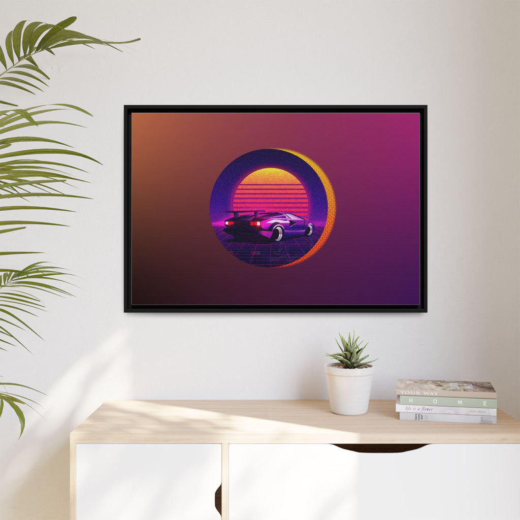 Retro Sunset Sports Car Matte Canvas Framed Wall Art