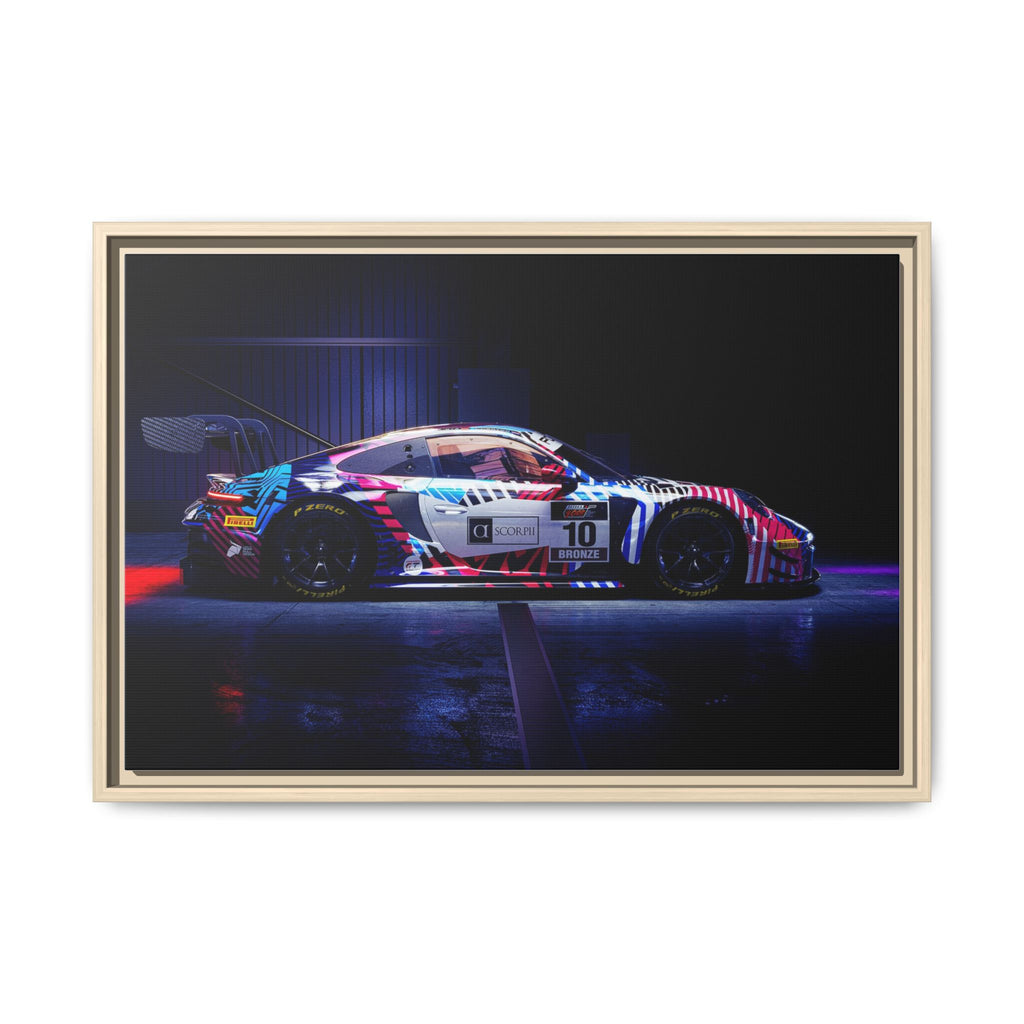 Framed Matte Canvas Print — Neon Racecar Wall Art