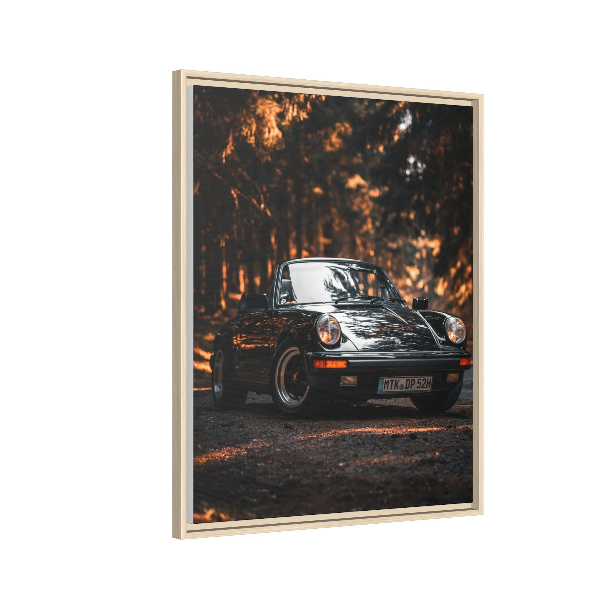 Framed Matte Canvas Print — Vintage Black Porsche in Autumn Forest