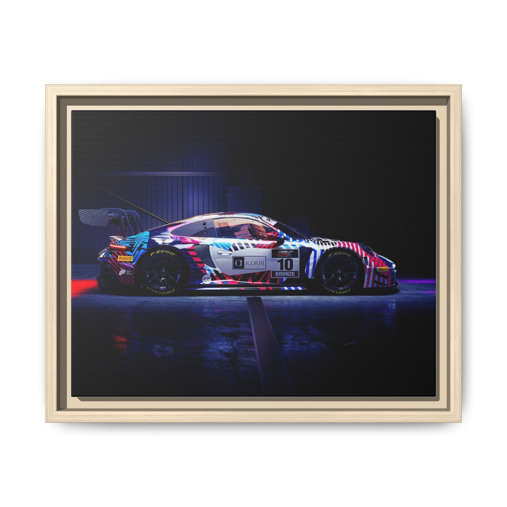 Framed Matte Canvas Print — Neon Racecar Wall Art