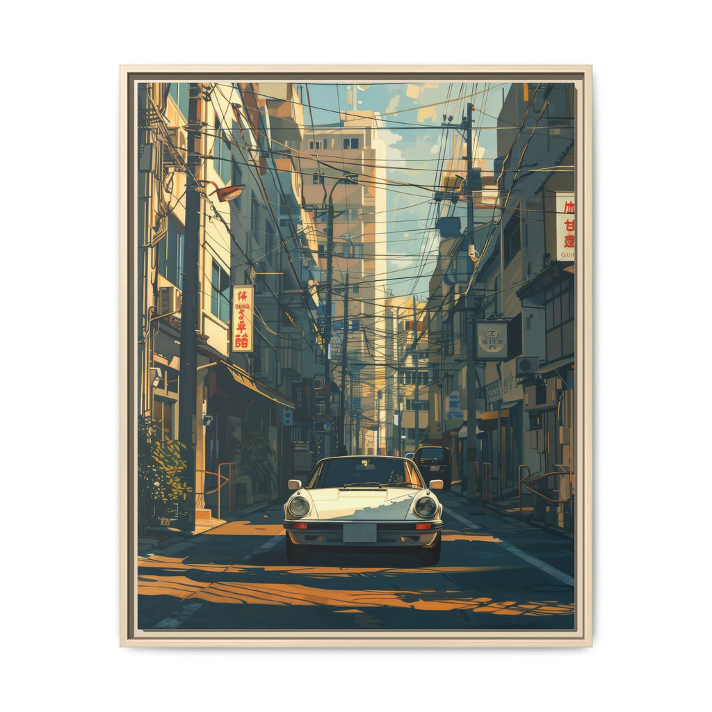 Vintage Sports Car Cityscape Framed Canvas Print