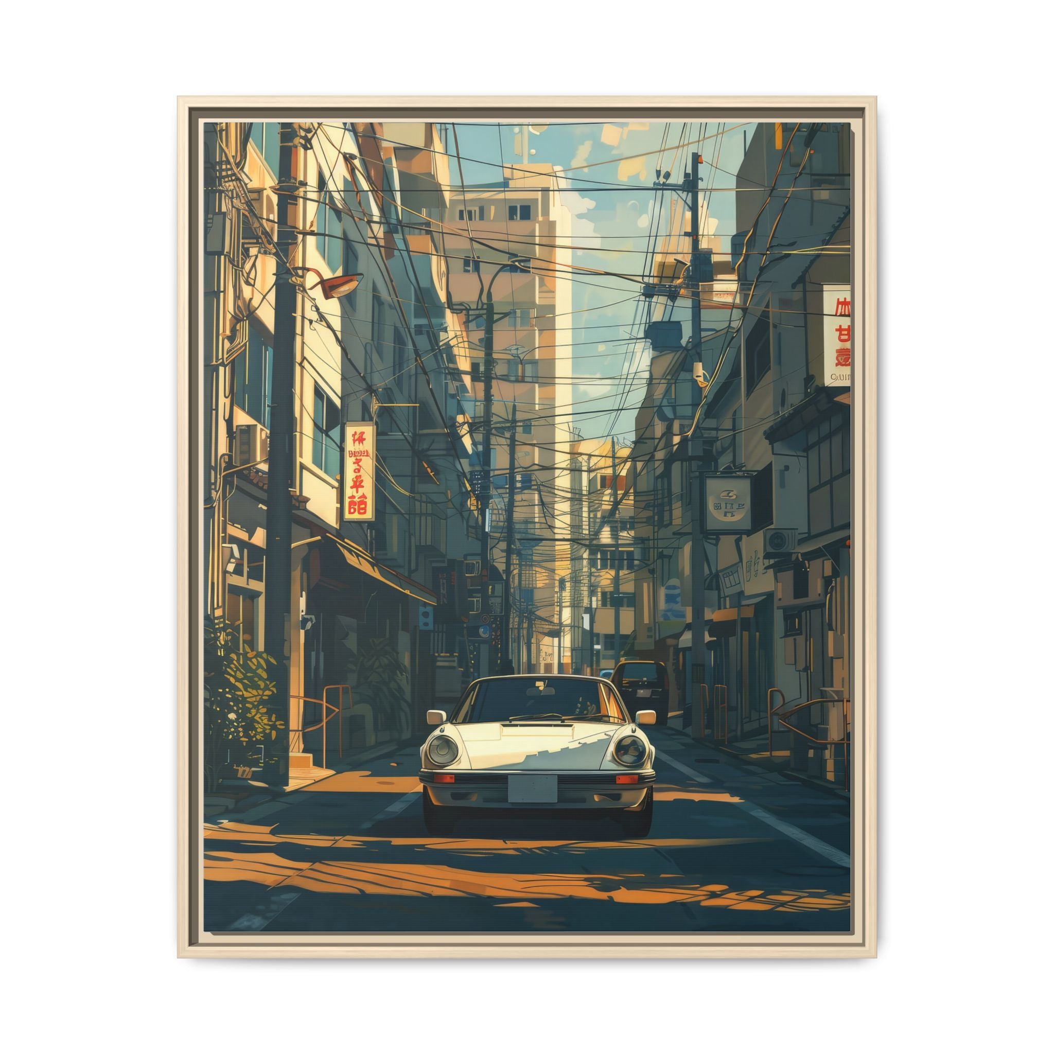 Vintage Sports Car Cityscape Framed Canvas Print