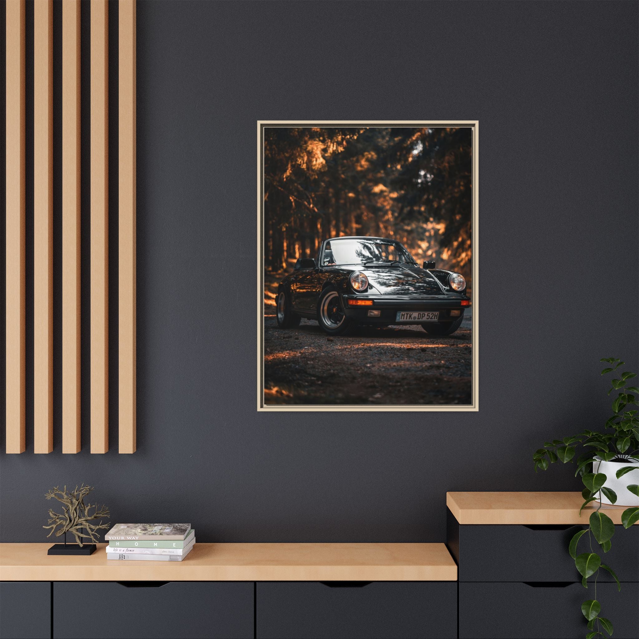 Framed Matte Canvas Print — Vintage Black Porsche in Autumn Forest