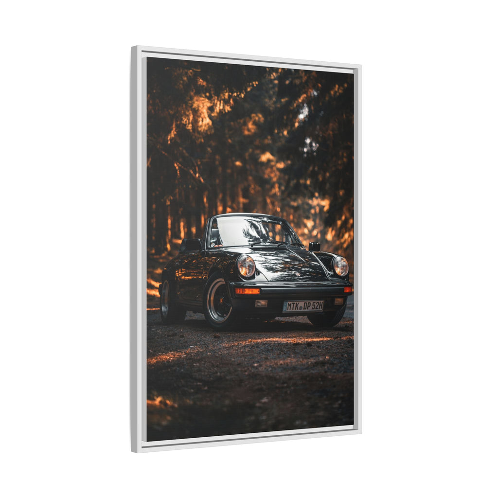 Framed Matte Canvas Print — Vintage Black Porsche in Autumn Forest
