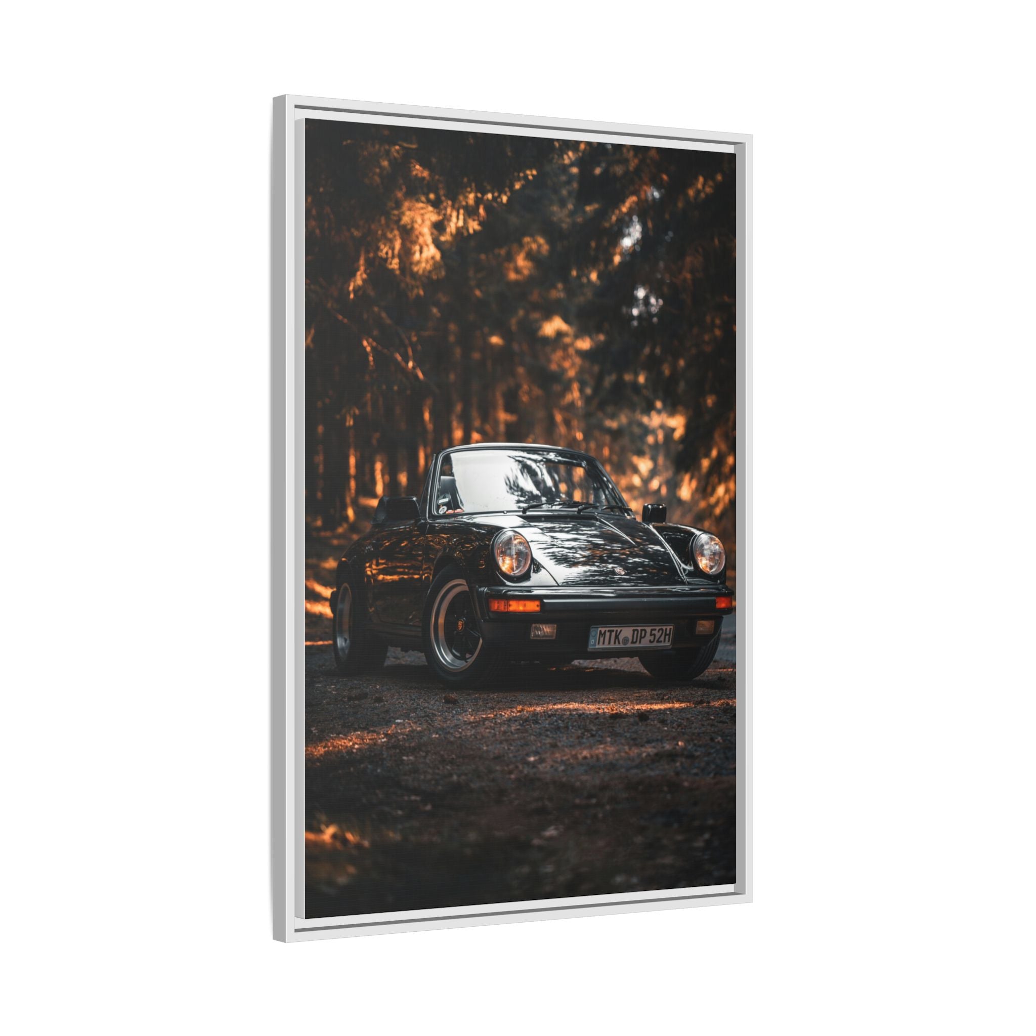 Framed Matte Canvas Print — Vintage Black Porsche in Autumn Forest