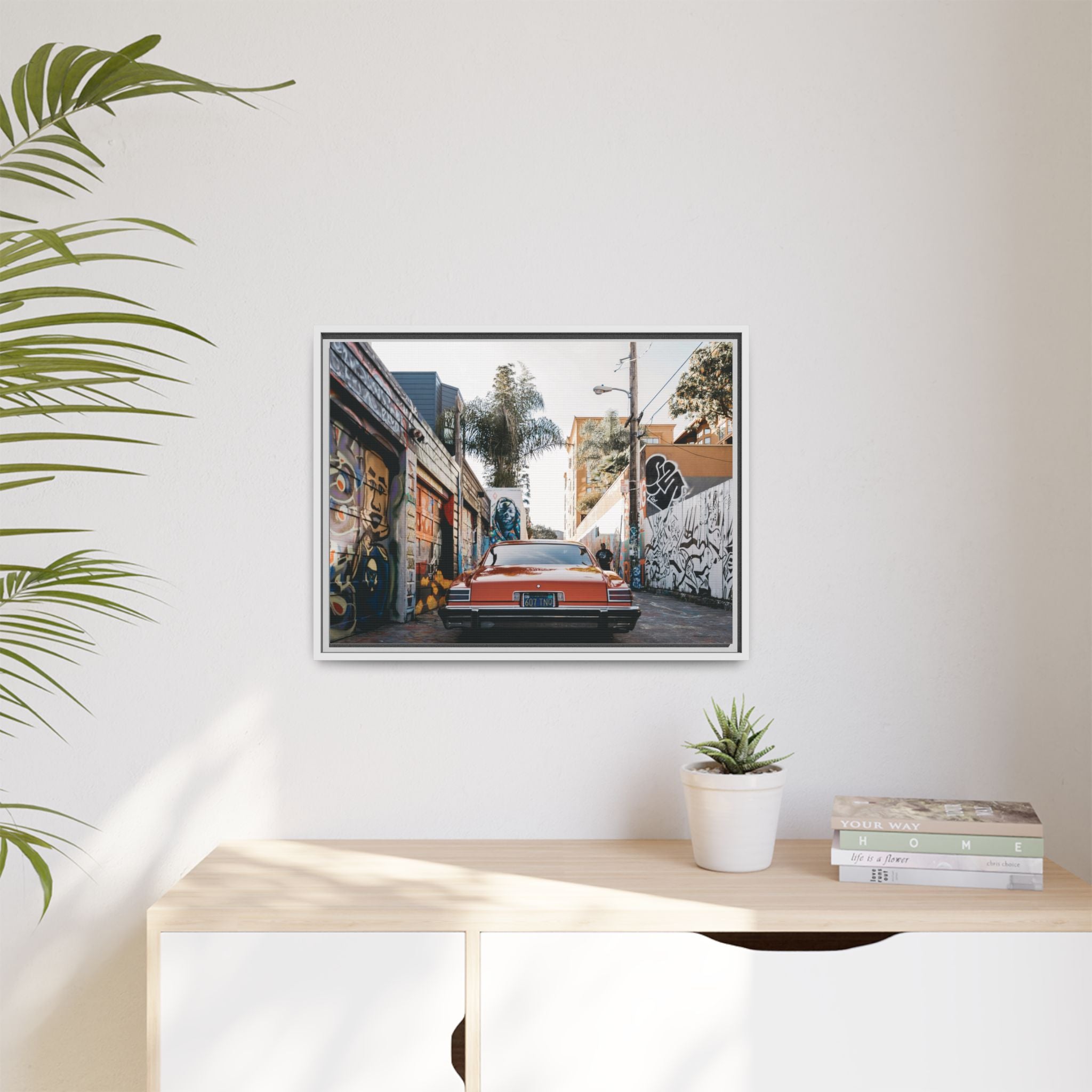 Vintage Chevrolet in Graffiti Alley — Framed Matte Canvas Wall Art