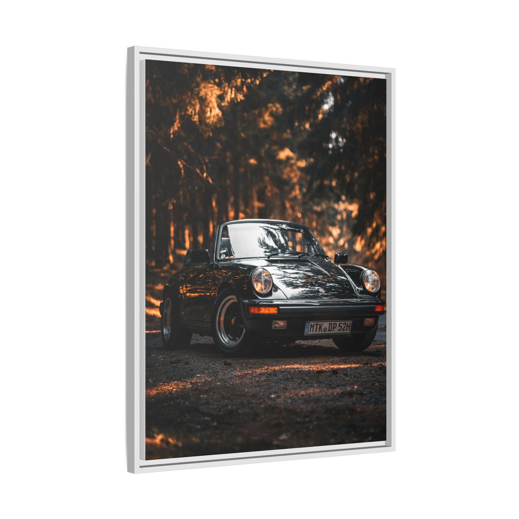 Framed Matte Canvas Print — Vintage Black Porsche in Autumn Forest