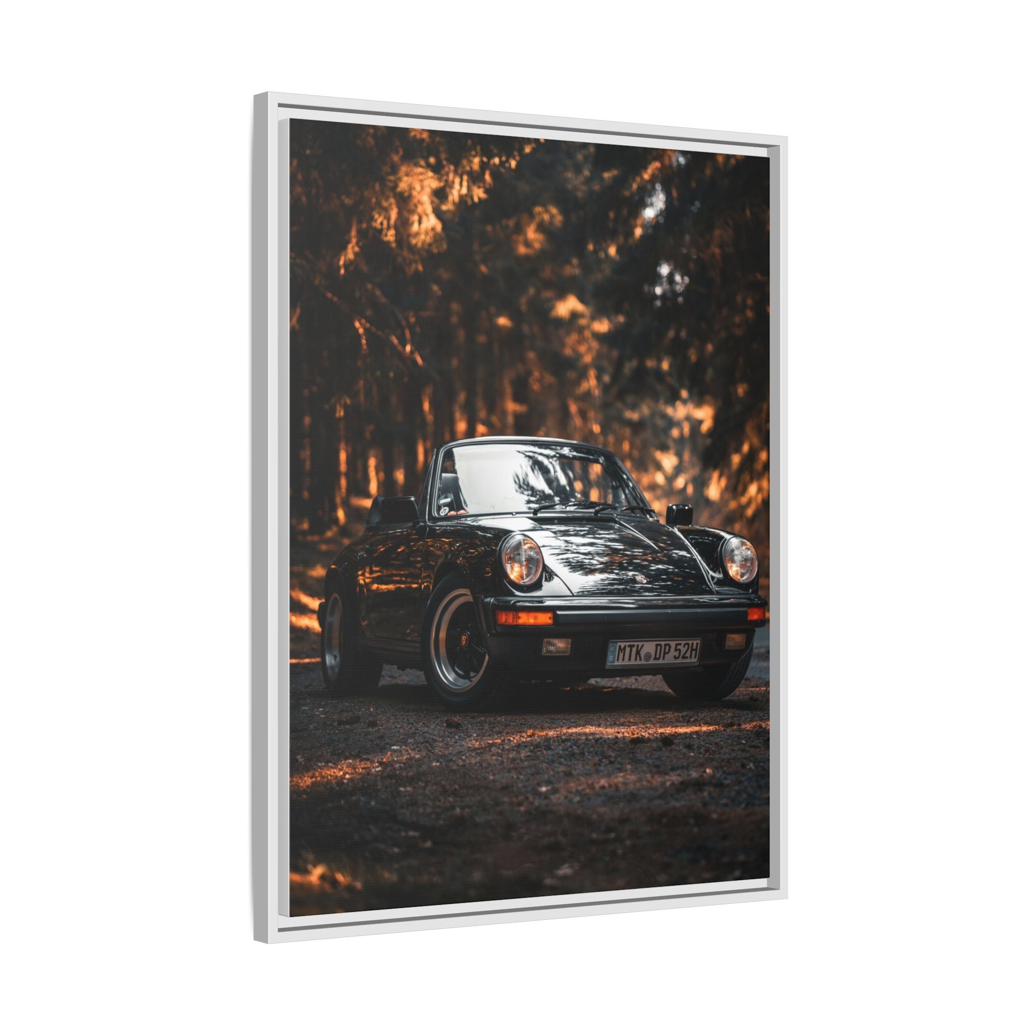 Framed Matte Canvas Print — Vintage Black Porsche in Autumn Forest