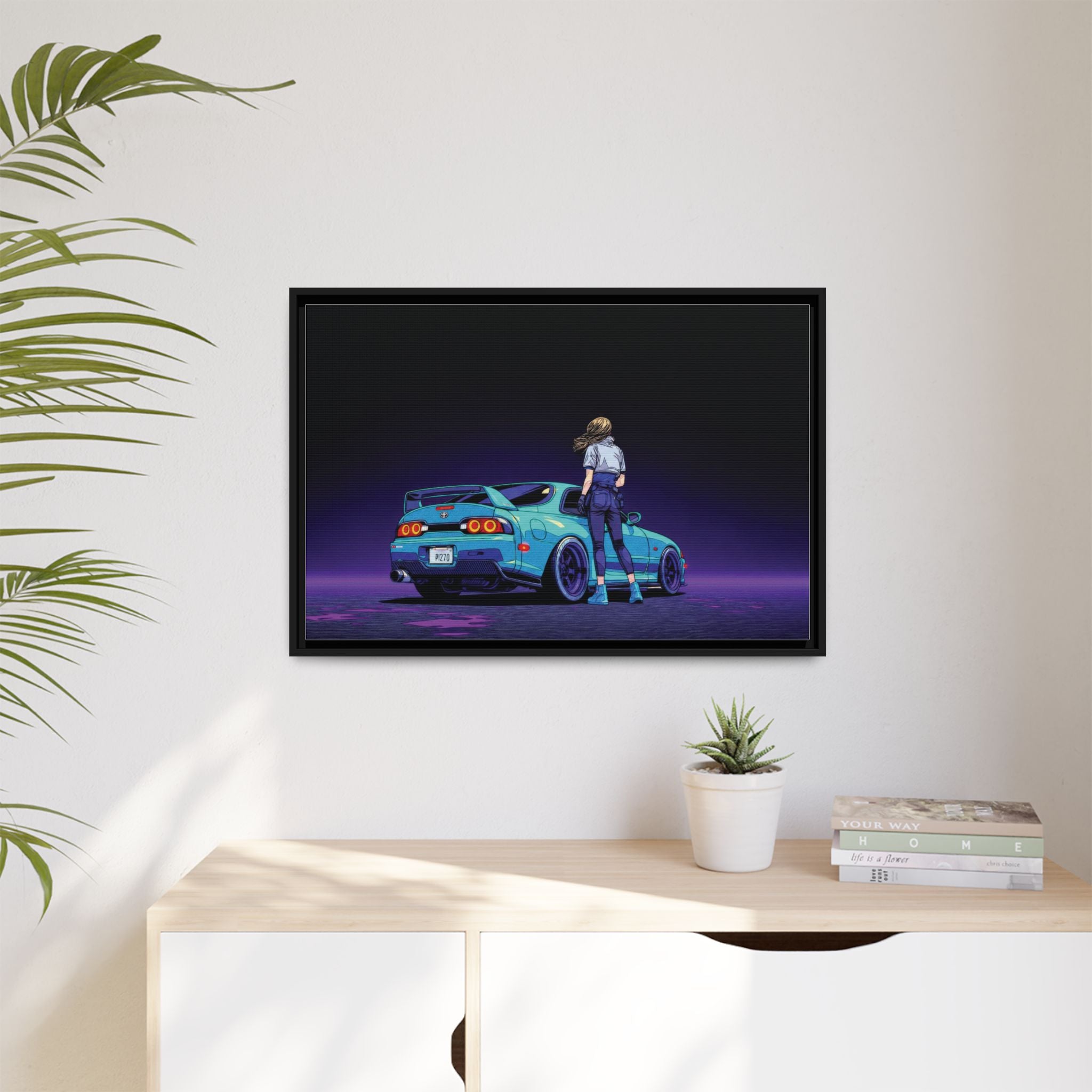 Retro Neon Race Car Poster Matte Canvas Framed | Anime Driver Wall Art