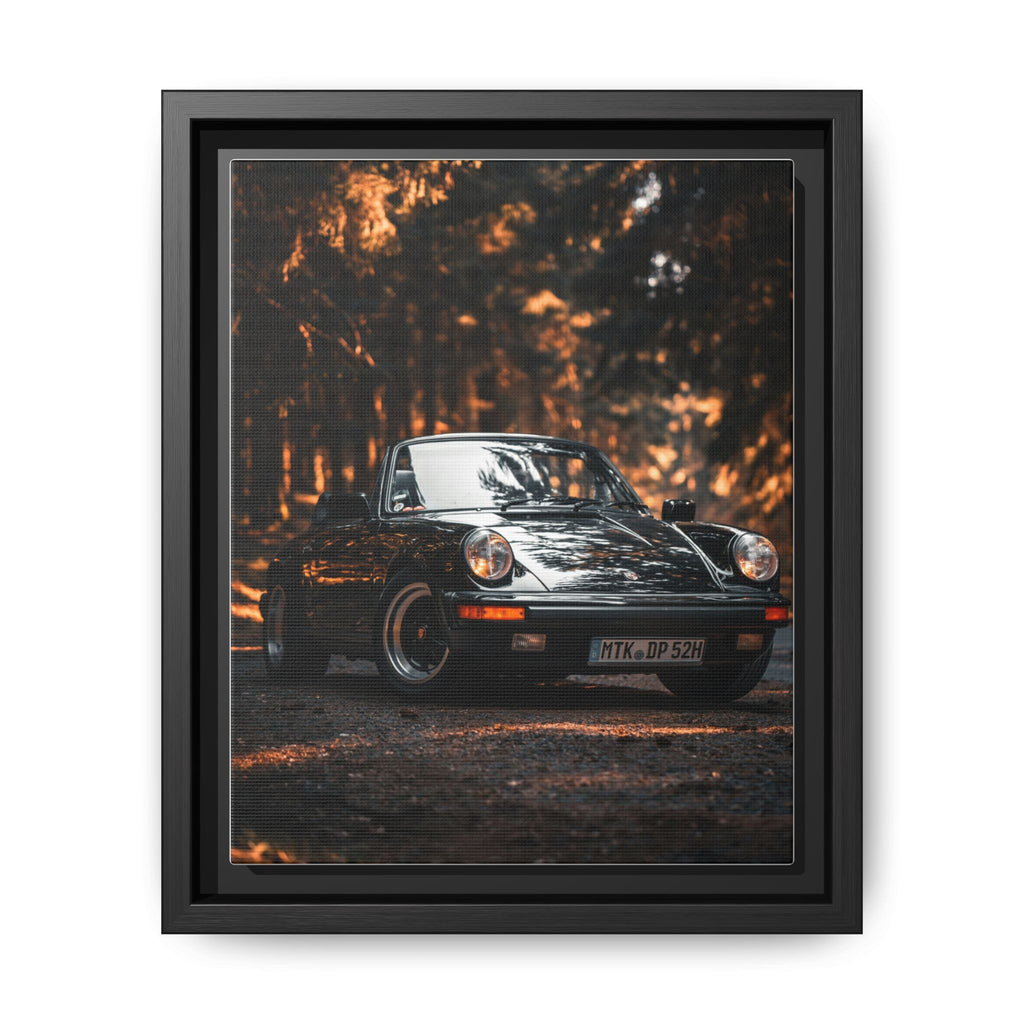 Framed Matte Canvas Print — Vintage Black Porsche in Autumn Forest