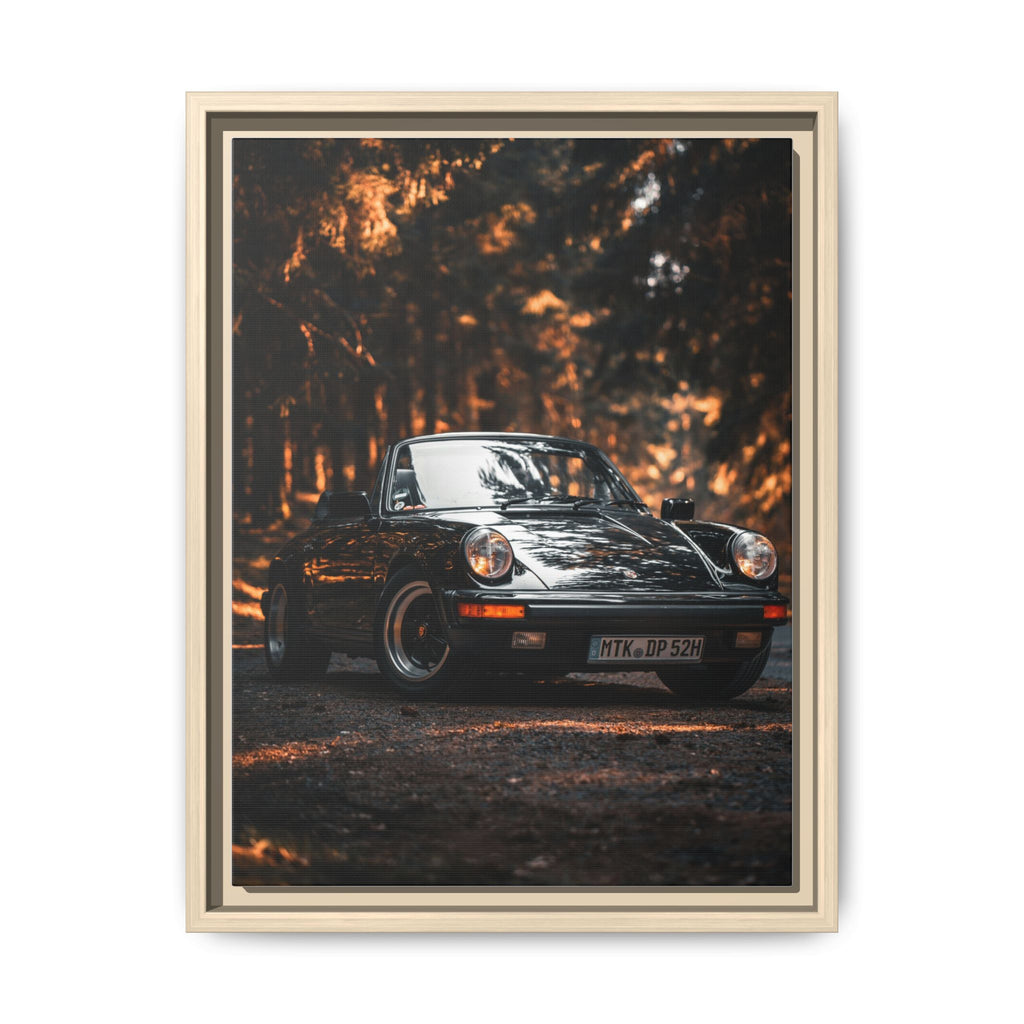 Framed Matte Canvas Print — Vintage Black Porsche in Autumn Forest