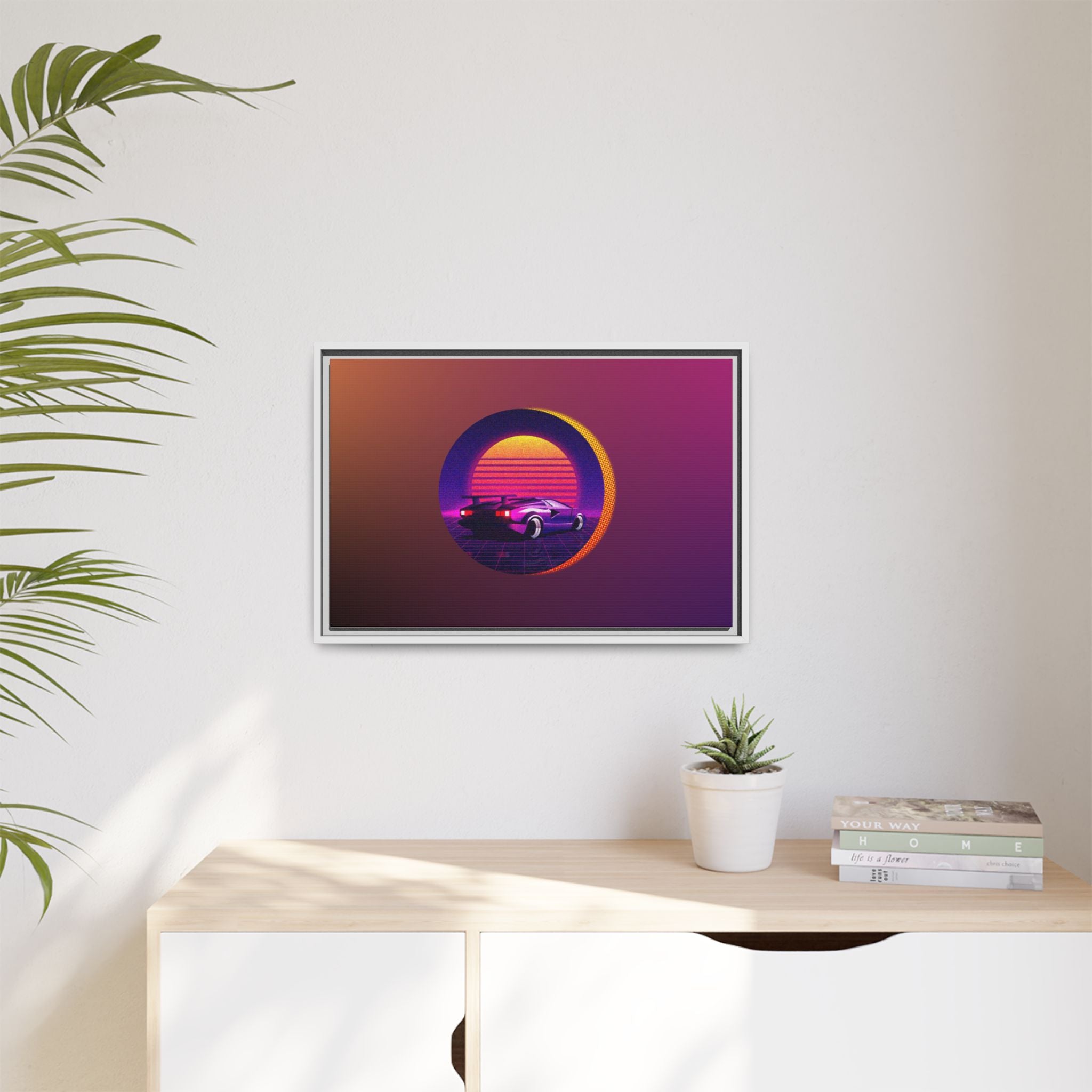 Retro Sunset Sports Car Matte Canvas Framed Wall Art