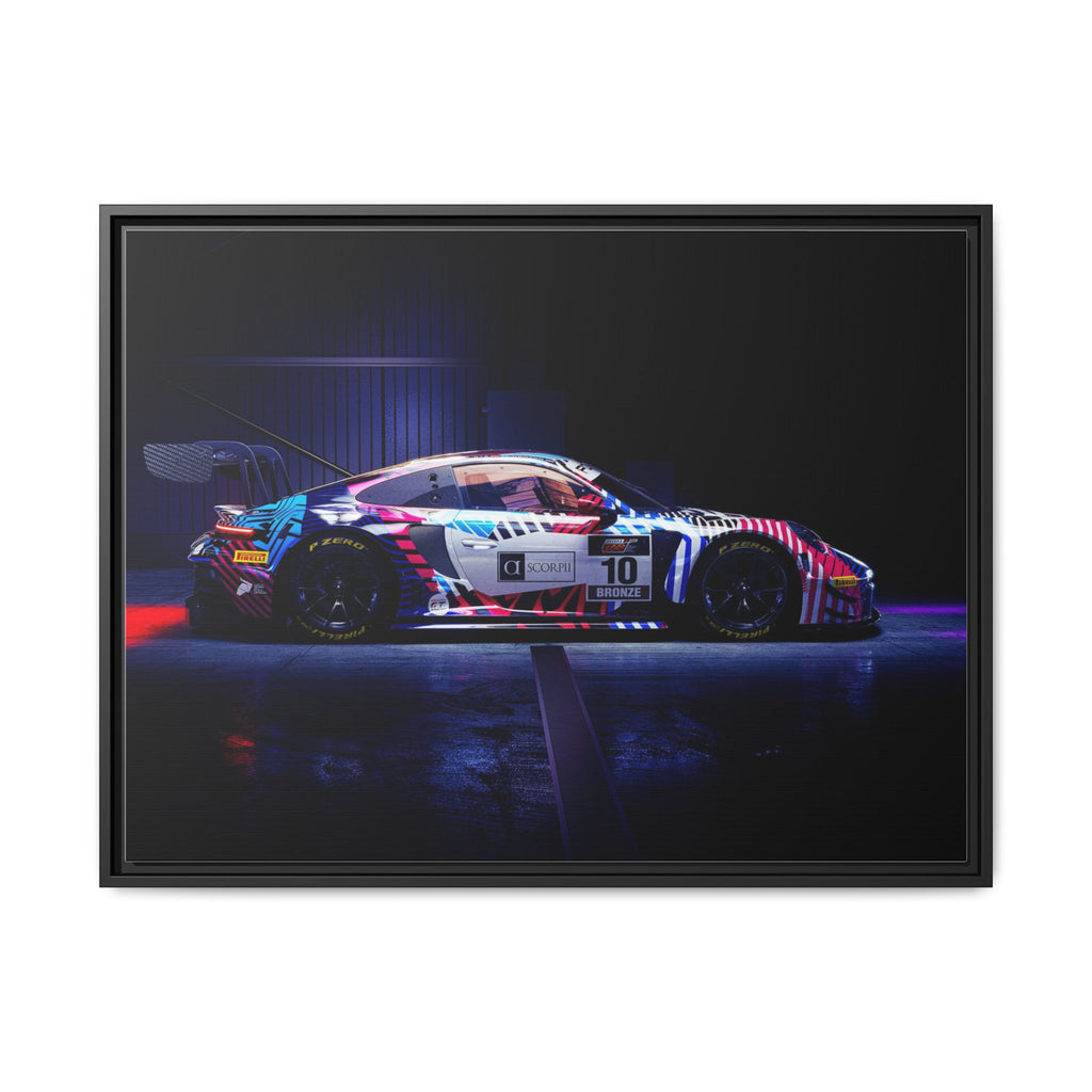 Framed Matte Canvas Print — Neon Racecar Wall Art