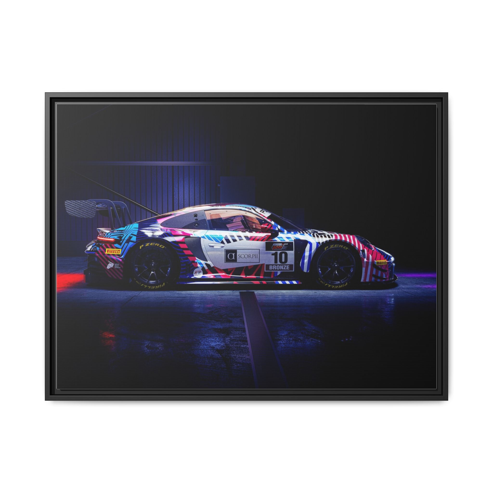 Framed Matte Canvas Print — Neon Racecar Wall Art