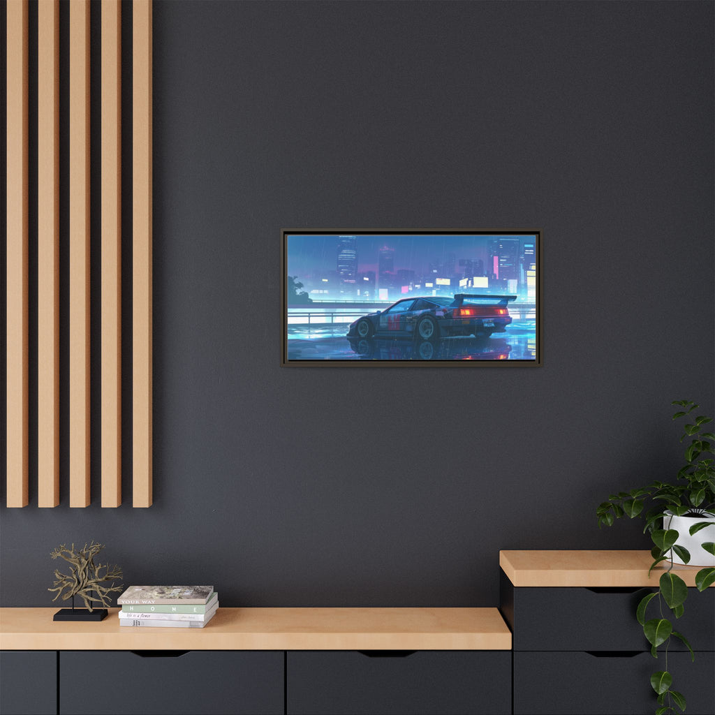 Retro Neon City Car Matte Canvas Print — Framed Wall Art
