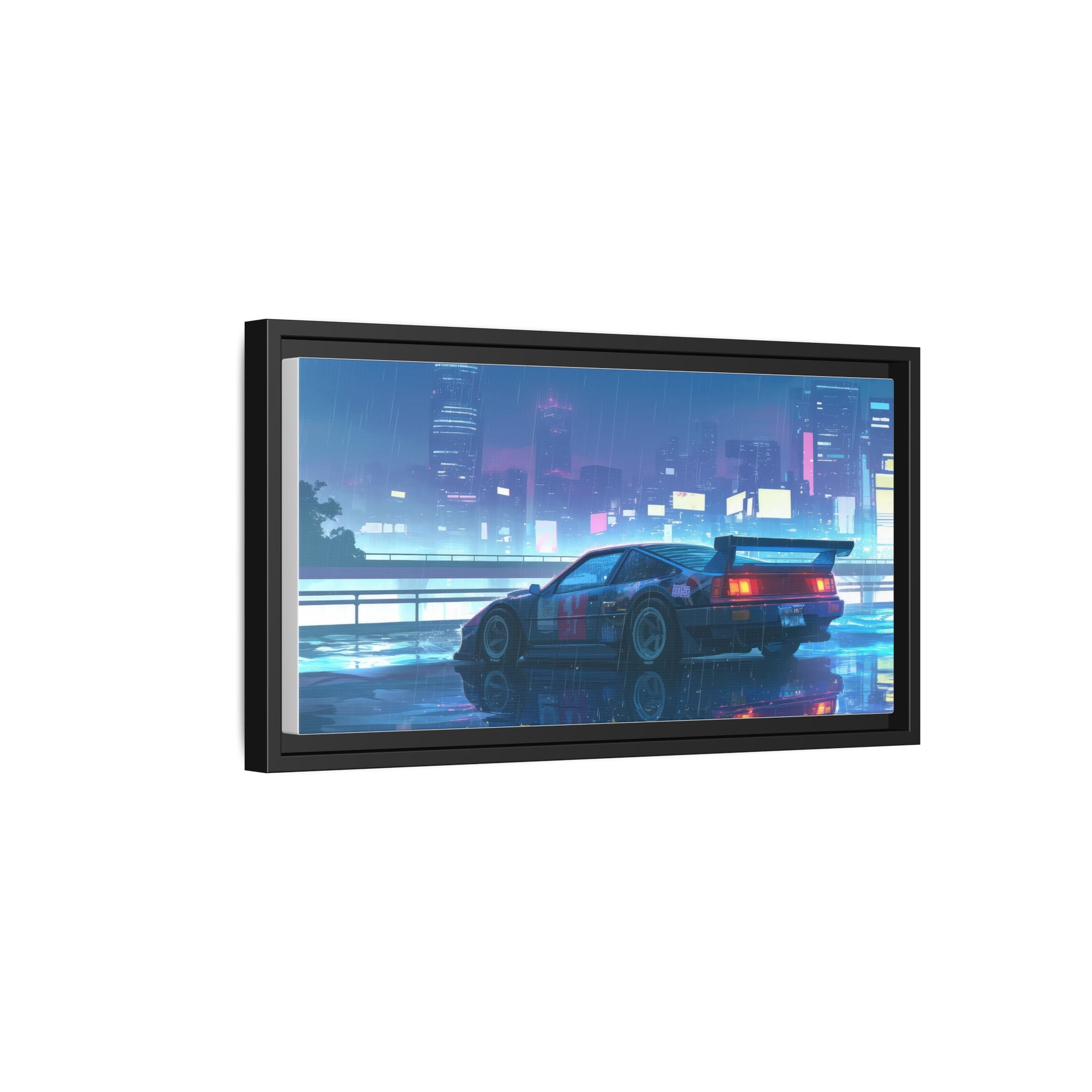 Retro Neon City Car Matte Canvas Print — Framed Wall Art