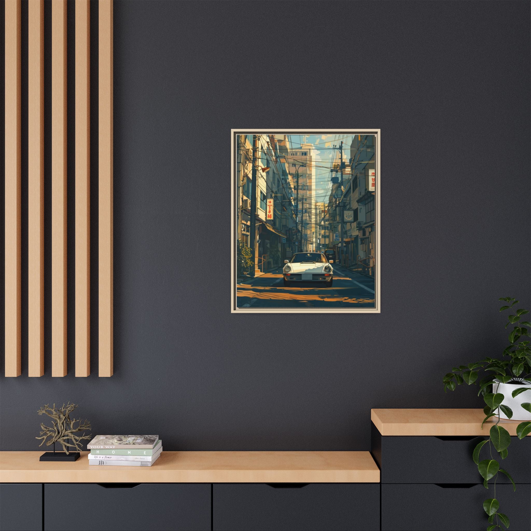 Vintage Sports Car Cityscape Framed Canvas Print