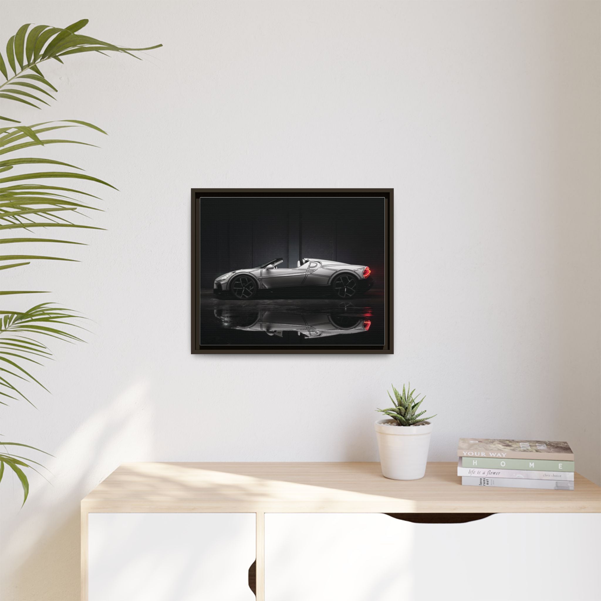Framed Matte Canvas: Sleek Sports Car Reflection Wall Art