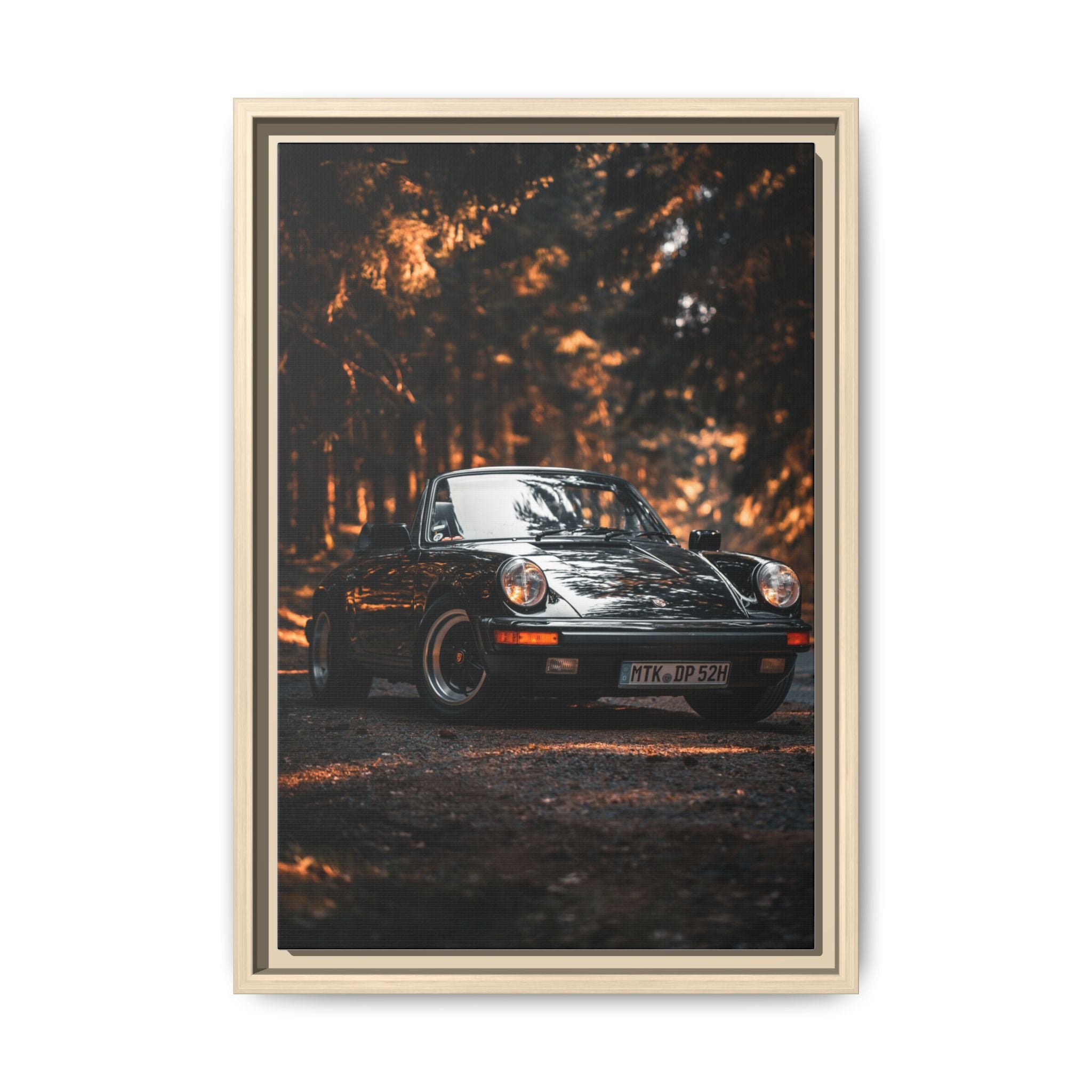 Framed Matte Canvas Print — Vintage Black Porsche in Autumn Forest