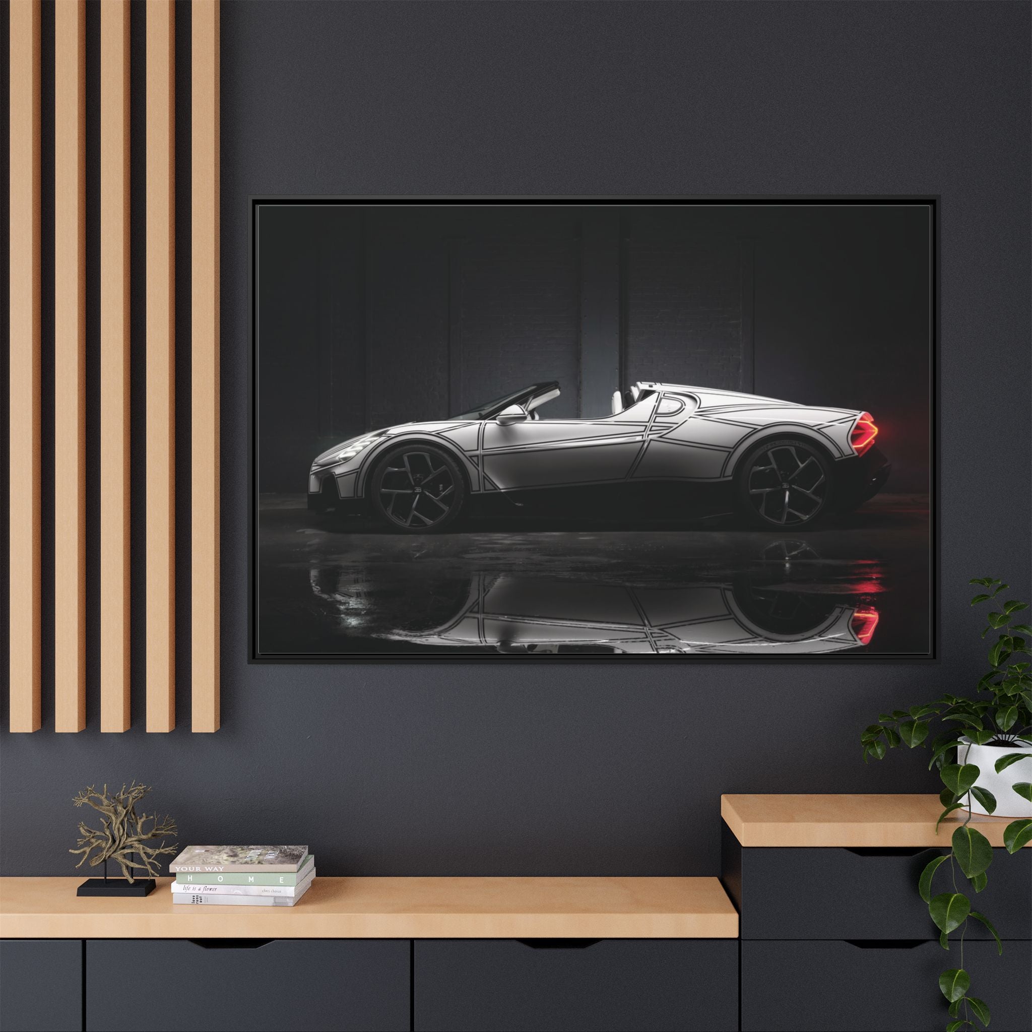 Framed Matte Canvas: Sleek Sports Car Reflection Wall Art