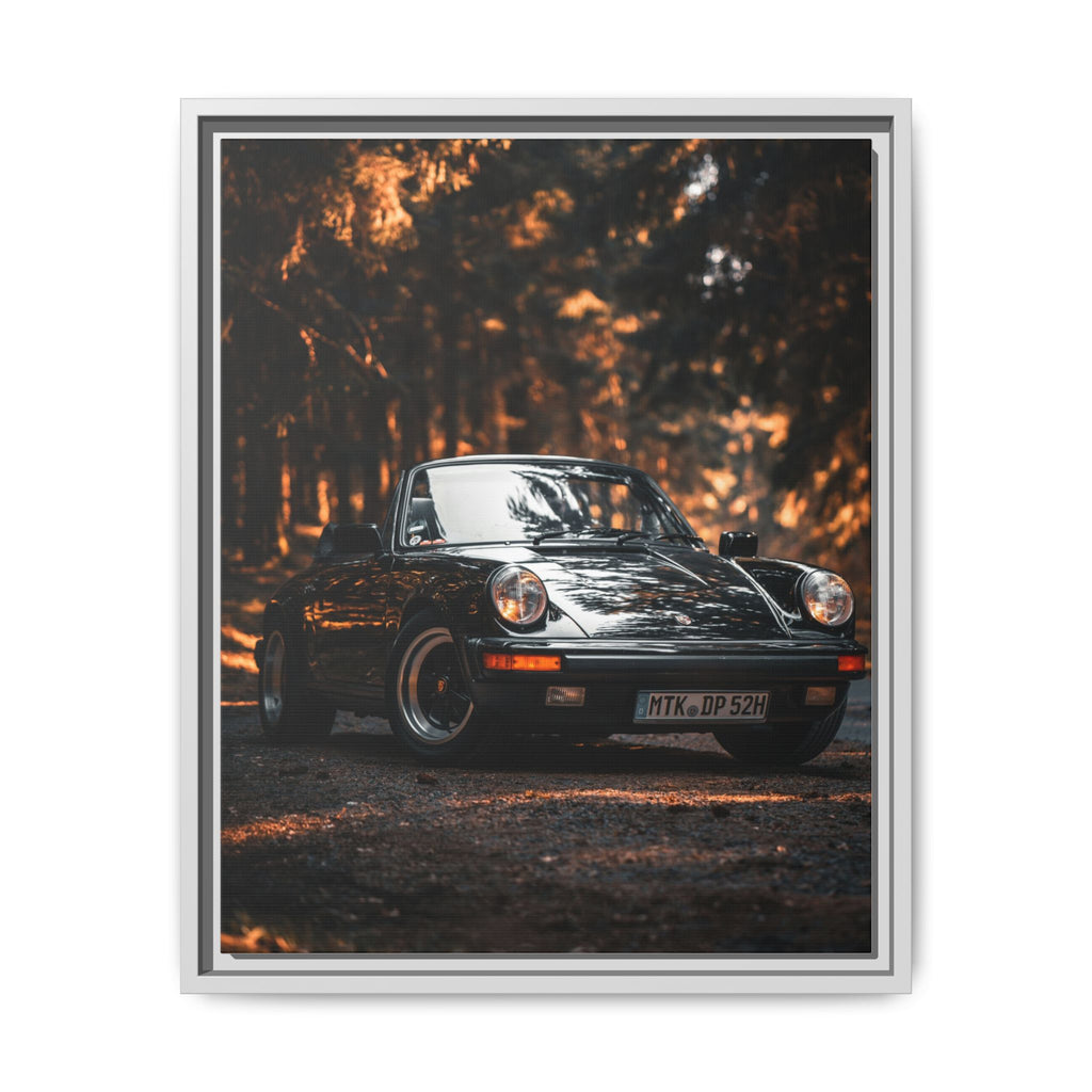 Framed Matte Canvas Print — Vintage Black Porsche in Autumn Forest
