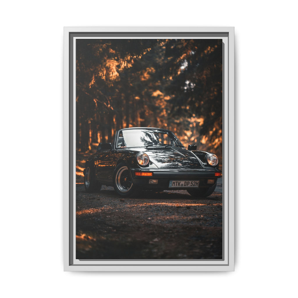 Framed Matte Canvas Print — Vintage Black Porsche in Autumn Forest