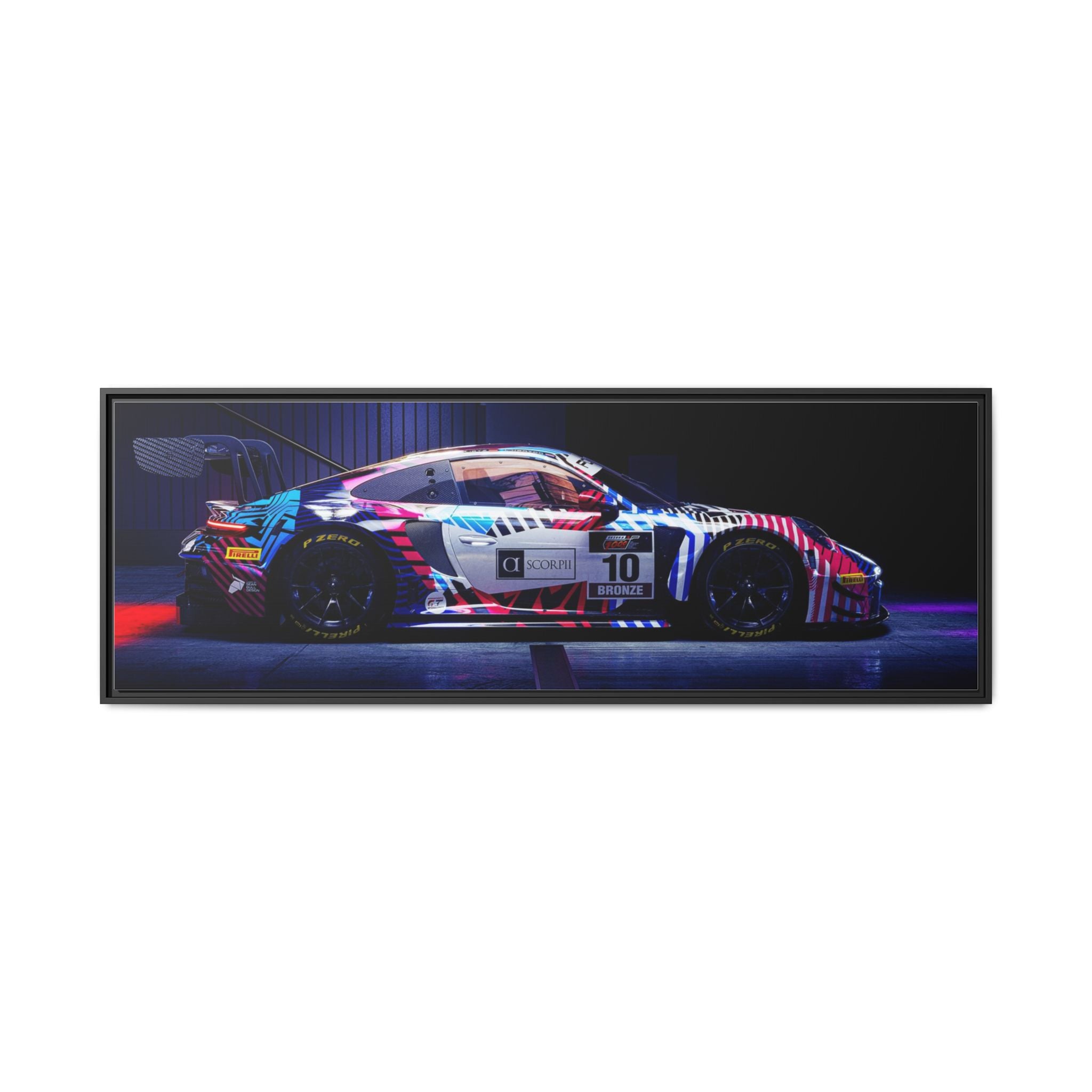 Framed Matte Canvas Print — Neon Racecar Wall Art